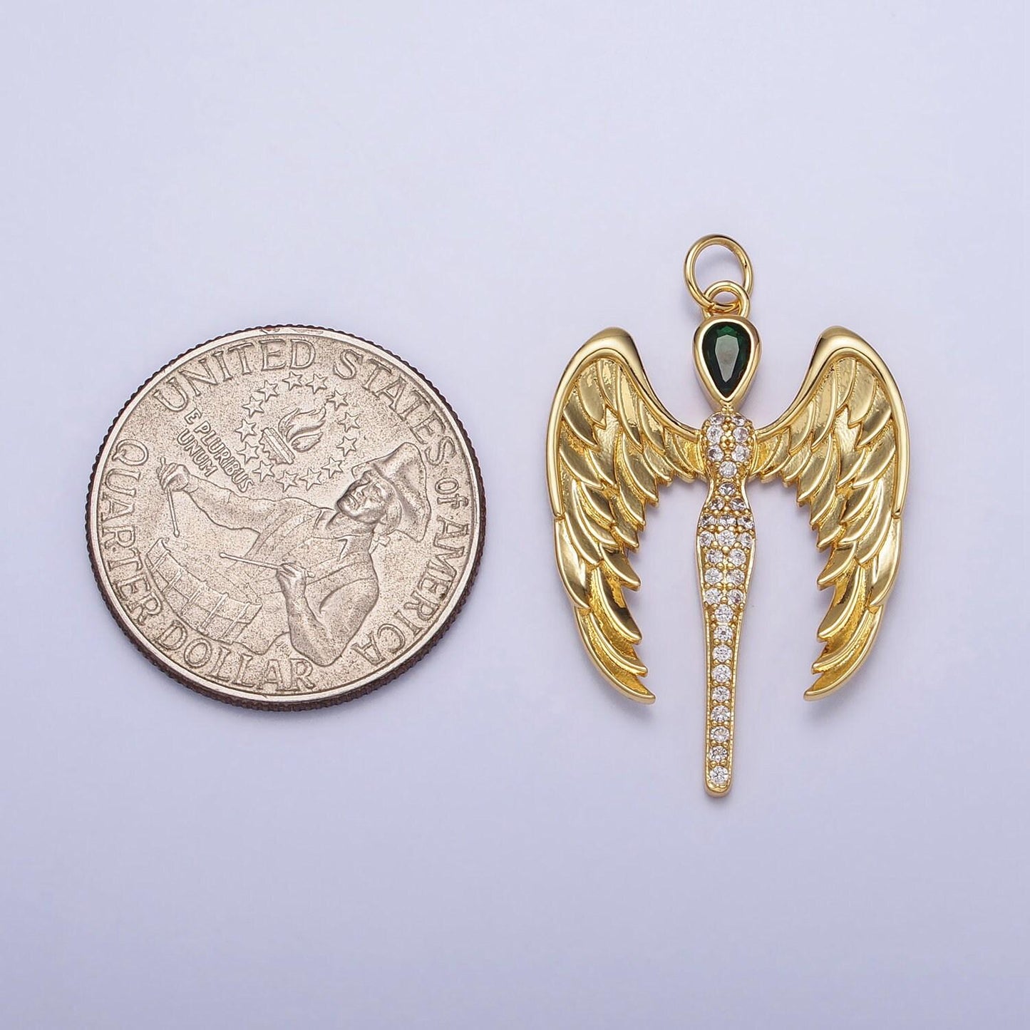 Dainty wing charm cubic angel pendant, green cz charm, dainty jewelry, 14k gold filled charm for earring bracelet necklace ac1268