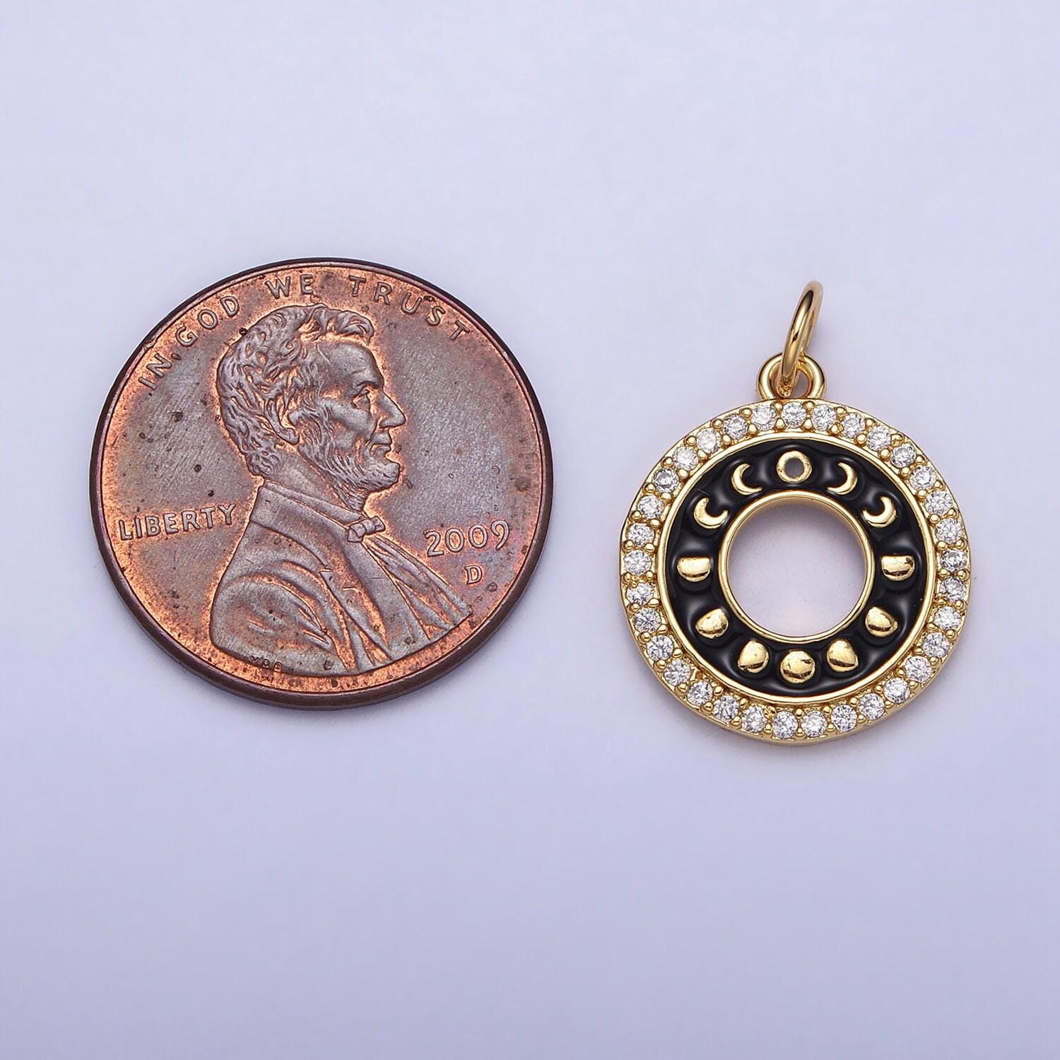 16k gold filled moon phase coin charm, moon phase crescent pendant round disc charm cubic celestial jewelry making supplies ac1264