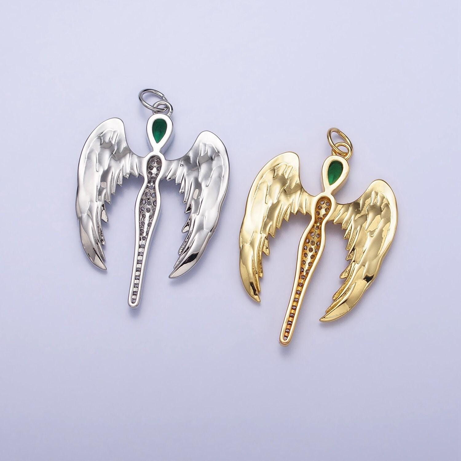 Dainty wing charm cubic angel pendant, green cz charm, dainty jewelry, 14k gold filled charm for earring bracelet necklace ac1268