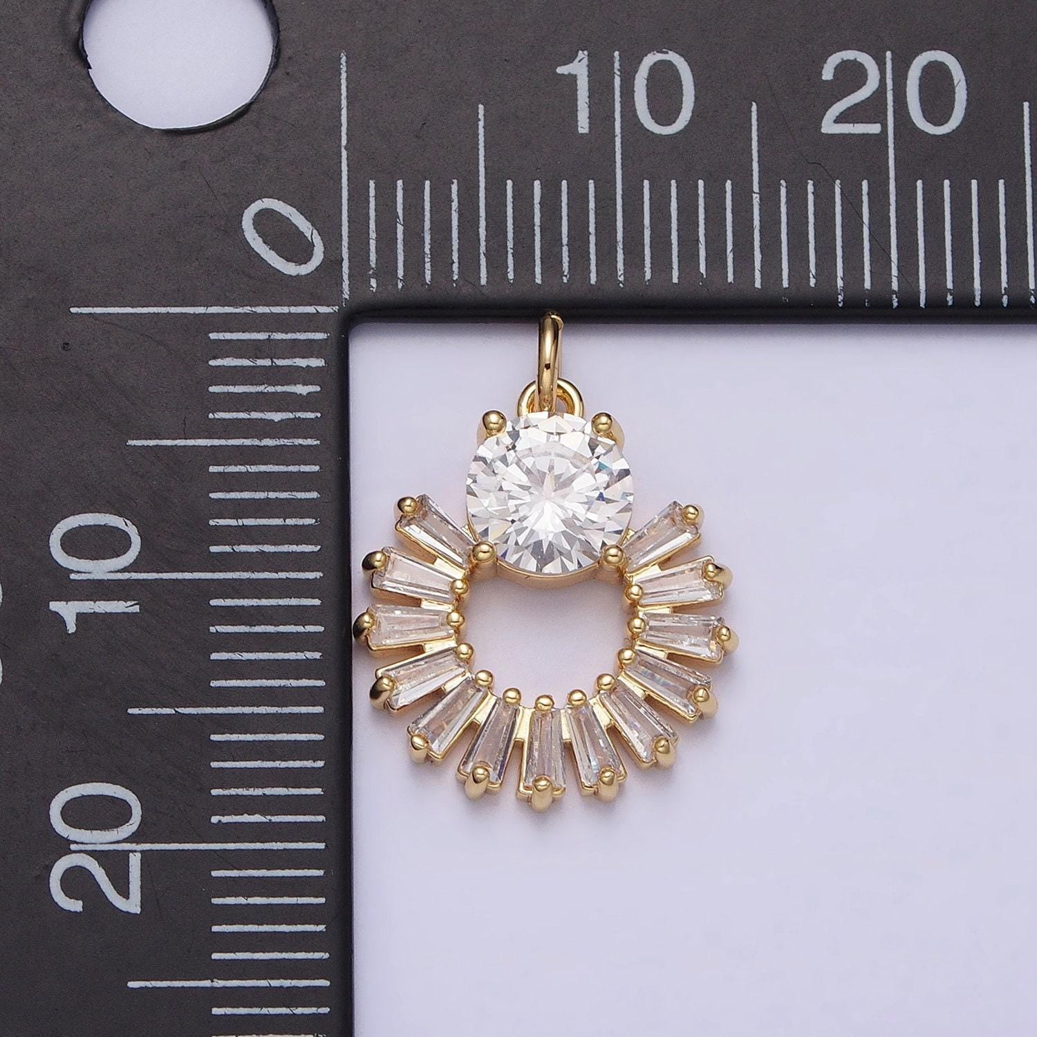 16k gold filled clear baguette open round add-on charm in gold & silver sun charm with solitaire cz stone | ac1255 ac1256