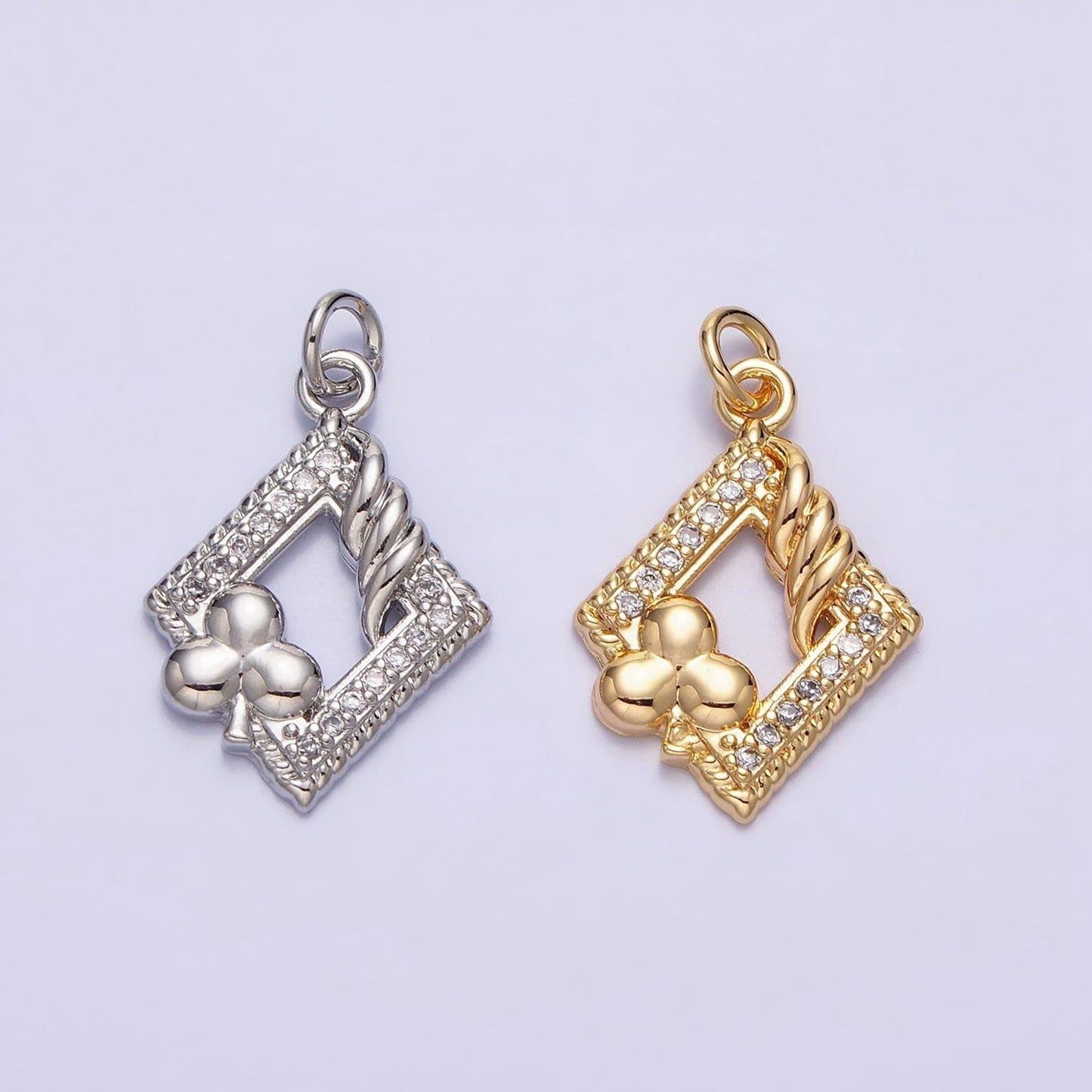Dainty micro pave spade flower charm pendant floral charm in rhombus frame with cz stone for bracelet necklace earring supply ac1251