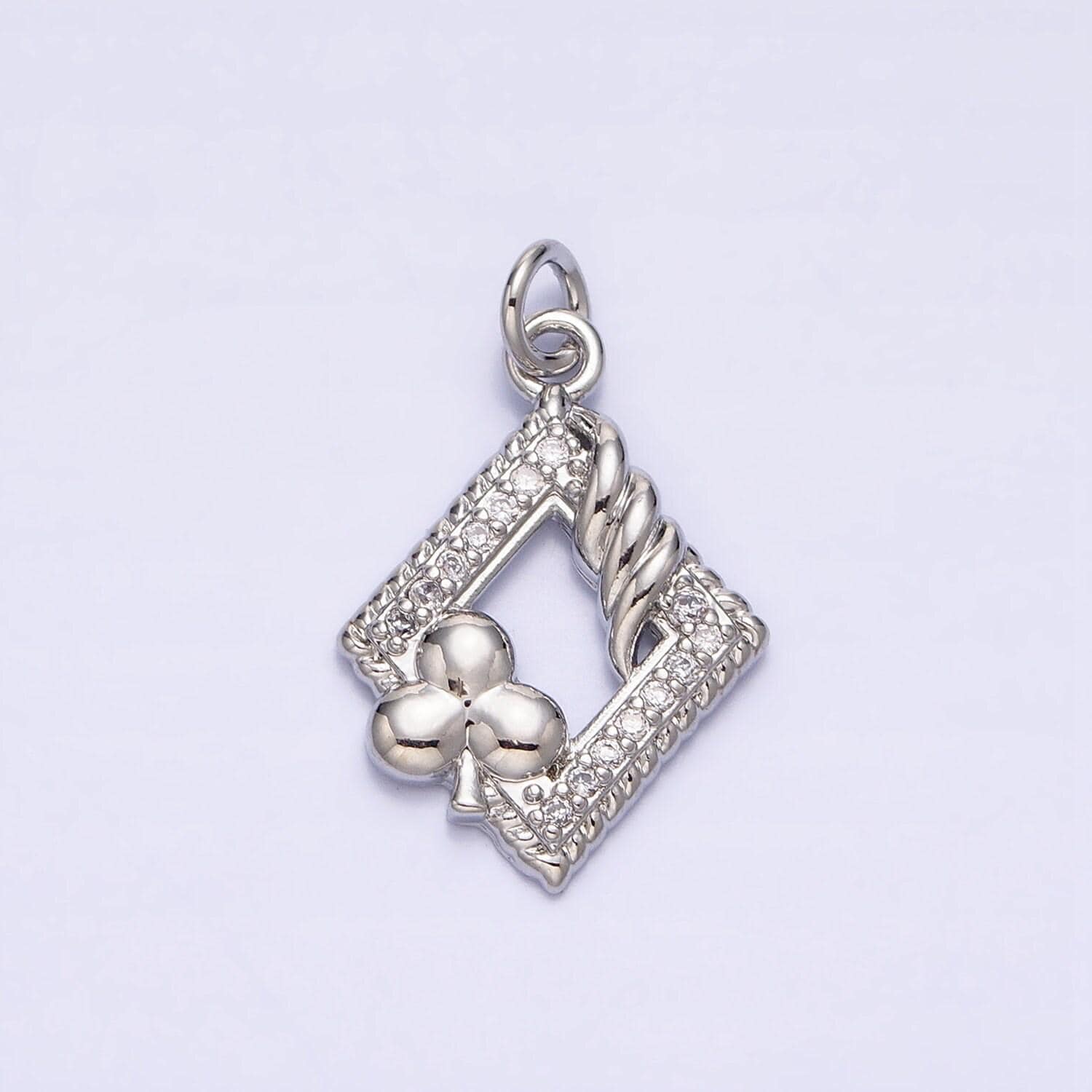 Dainty micro pave spade flower charm pendant floral charm in rhombus frame with cz stone for bracelet necklace earring supply ac1251