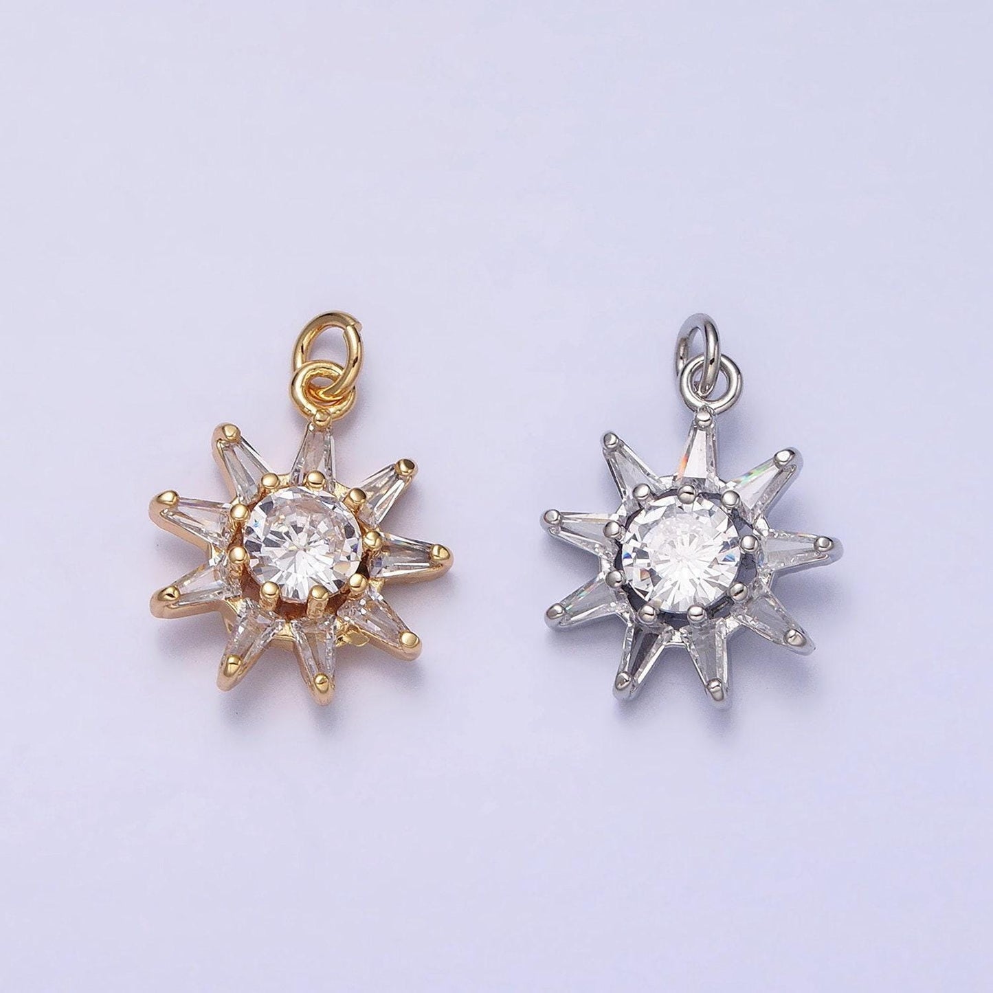 16k gold filled celestial sun round cz charm in gold & silver sunburst pendant | ac1233 ac1234