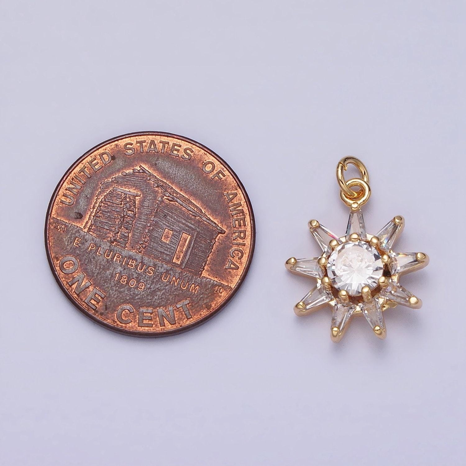 16k gold filled celestial sun round cz charm in gold & silver sunburst pendant | ac1233 ac1234