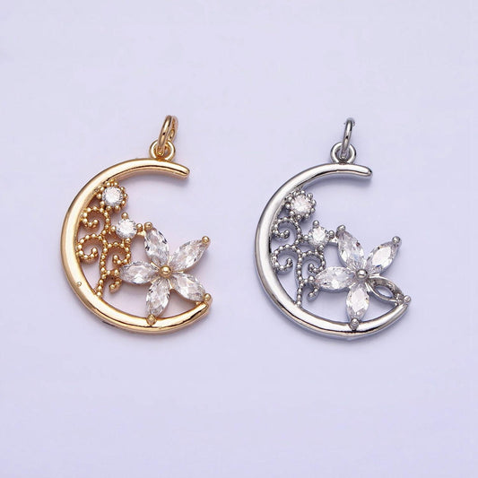 Mini gold crescent moon charm, cubic zirconia flower pendant charm, celestial charm necklace earring bracelet diy jewelry ac1209