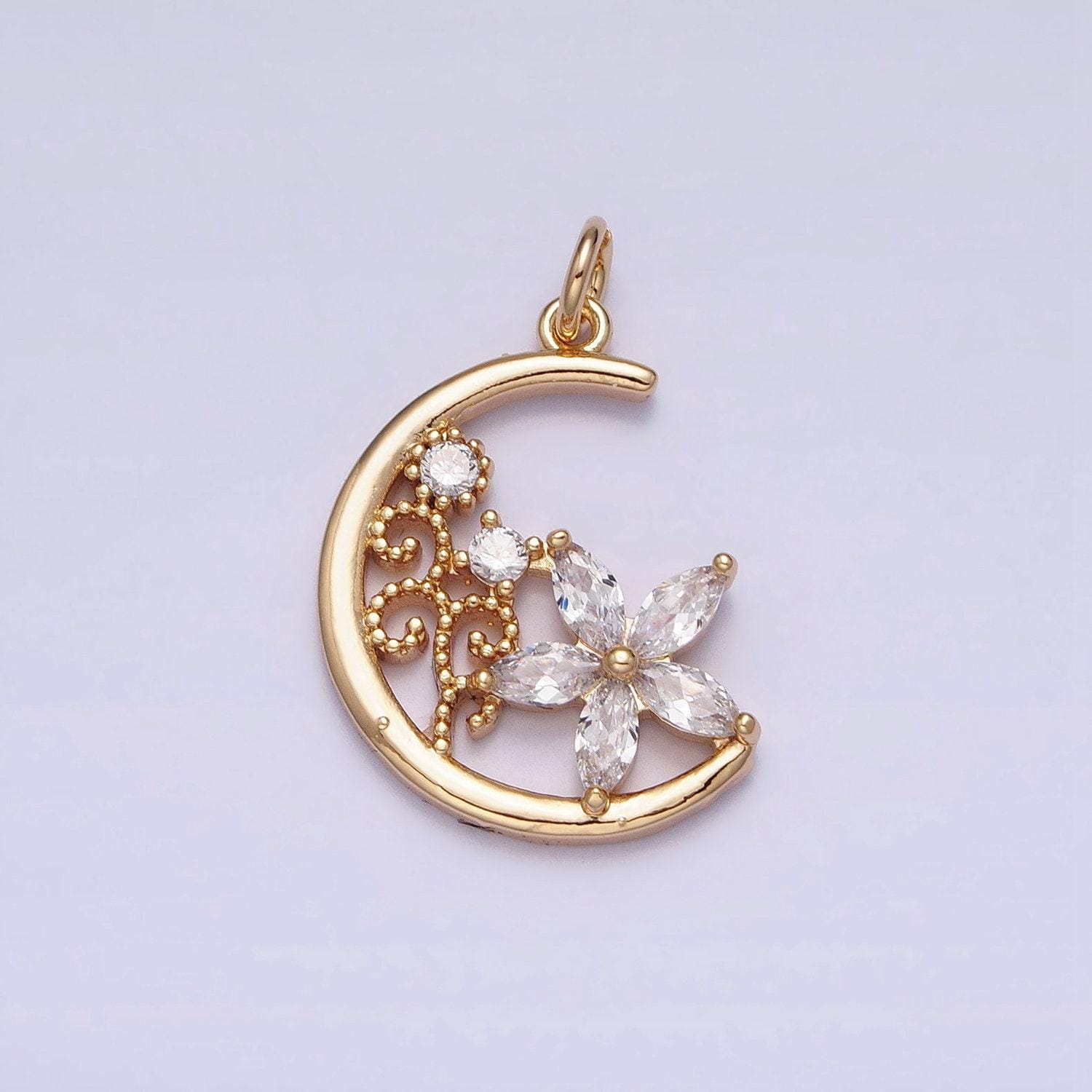 Mini gold crescent moon charm, cubic zirconia flower pendant charm, celestial charm necklace earring bracelet diy jewelry ac1209