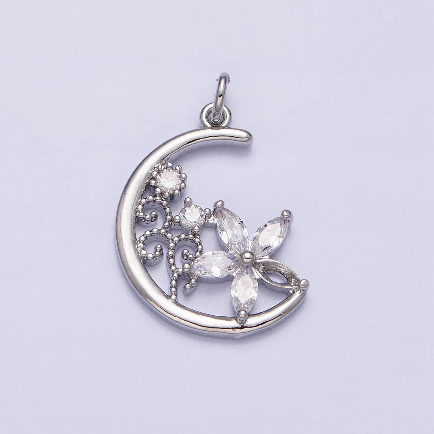 Mini gold crescent moon charm, cubic zirconia flower pendant charm, celestial charm necklace earring bracelet diy jewelry ac1209