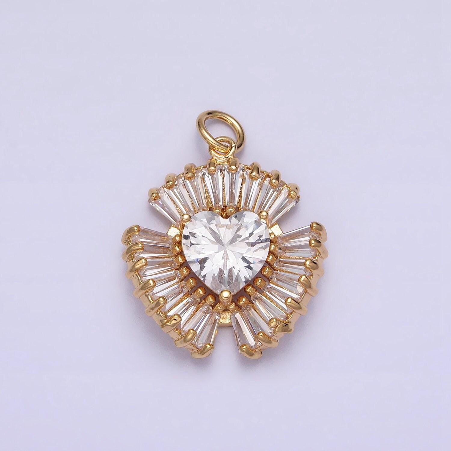 Gold filled radial heart charm necklace, cz heart gold token pendant, dainty heart love valentine gift necklace supply ac1205
