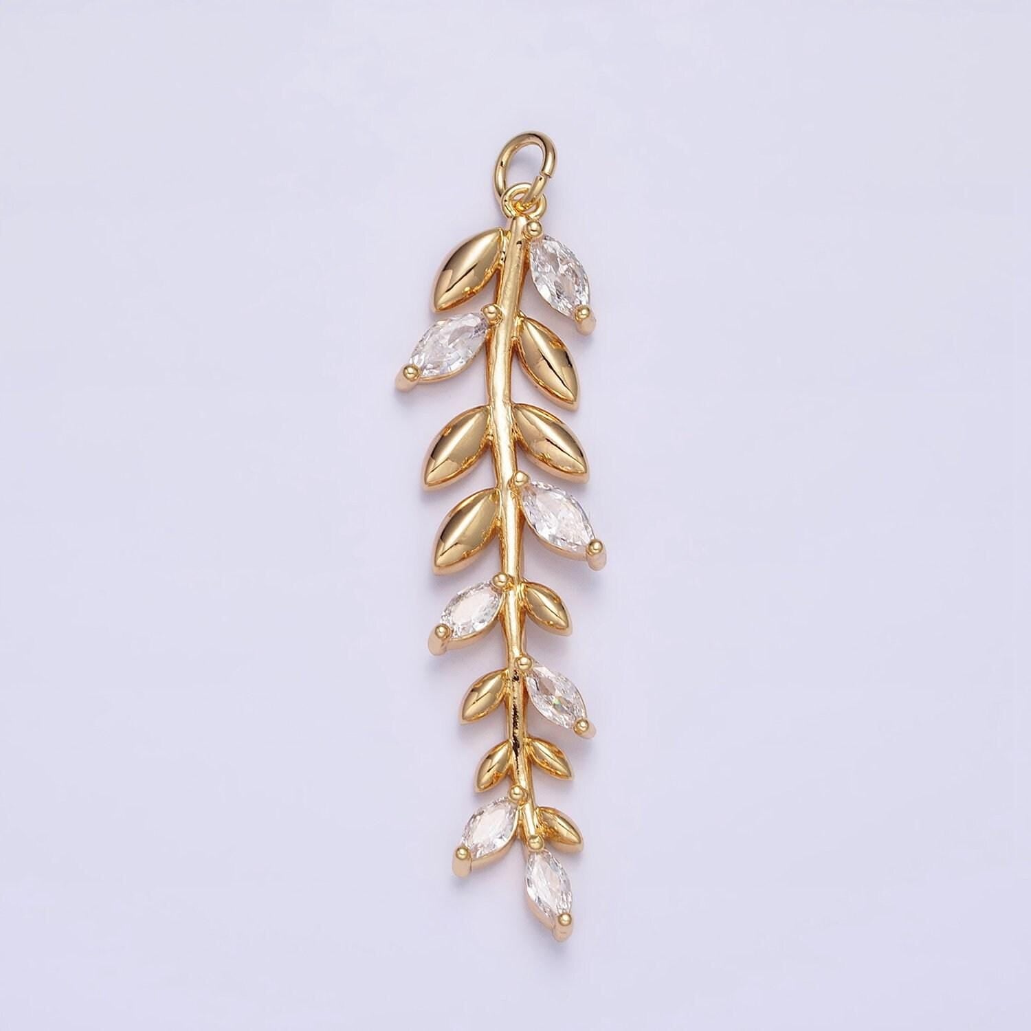 16k gold filled olive leaf clear marquise cz long charm in gold & silver | ac1201 ac1202