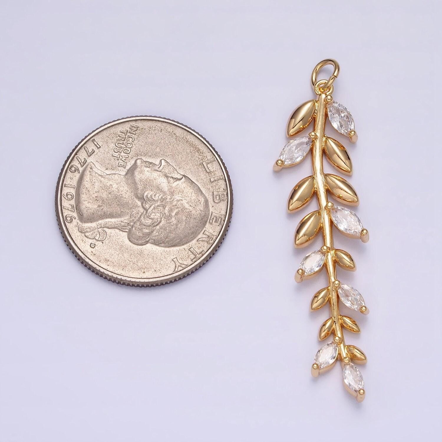 16k gold filled olive leaf clear marquise cz long charm in gold & silver | ac1201 ac1202