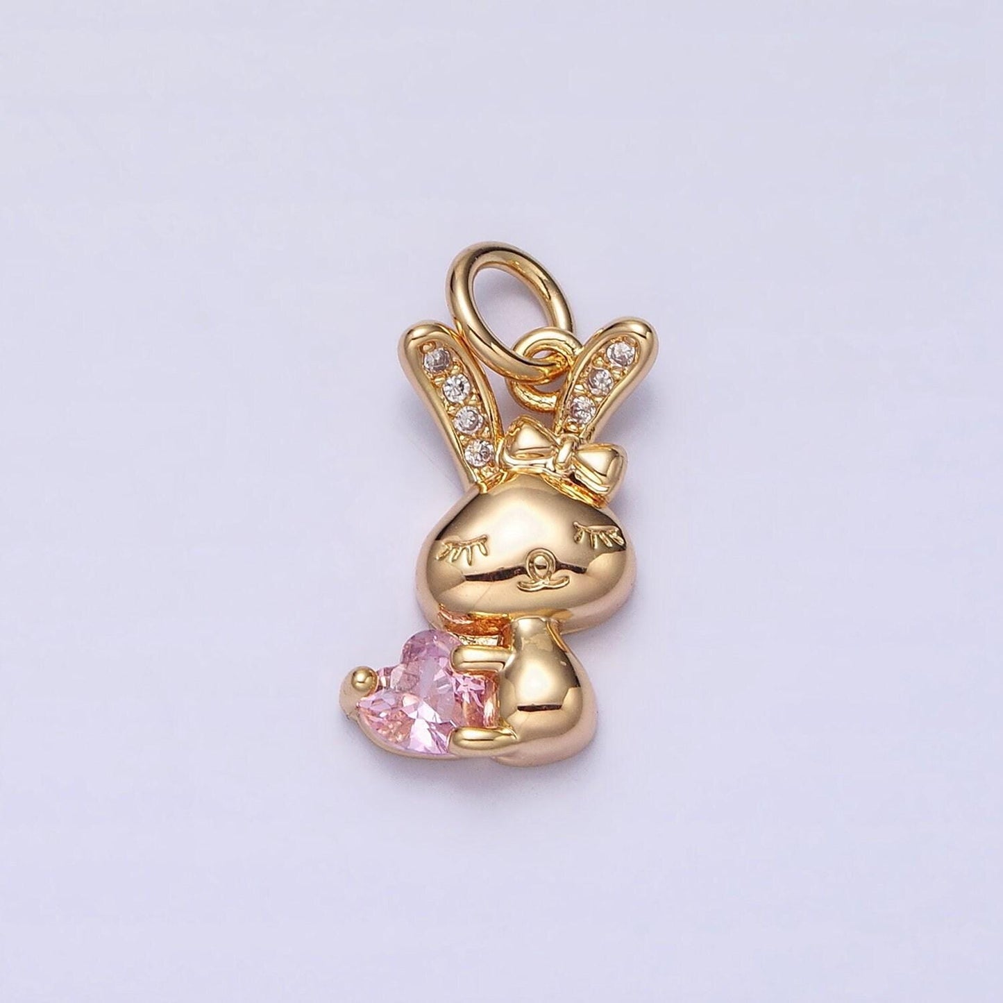 Mini gold rabbit pendant charm with pink clear cz stones for bunny easter spring inspired kids jewelry handmade necklace bracelet ac1185