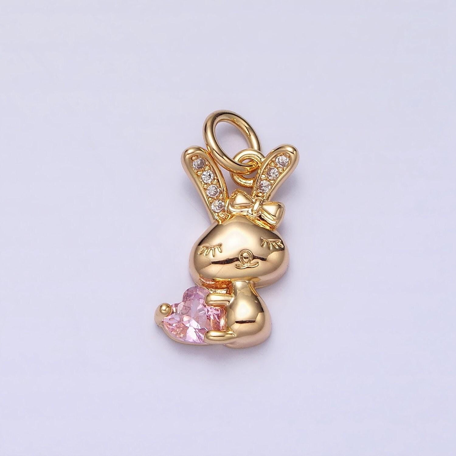 Mini gold rabbit pendant charm with pink clear cz stones for bunny easter spring inspired kids jewelry handmade necklace bracelet ac1185