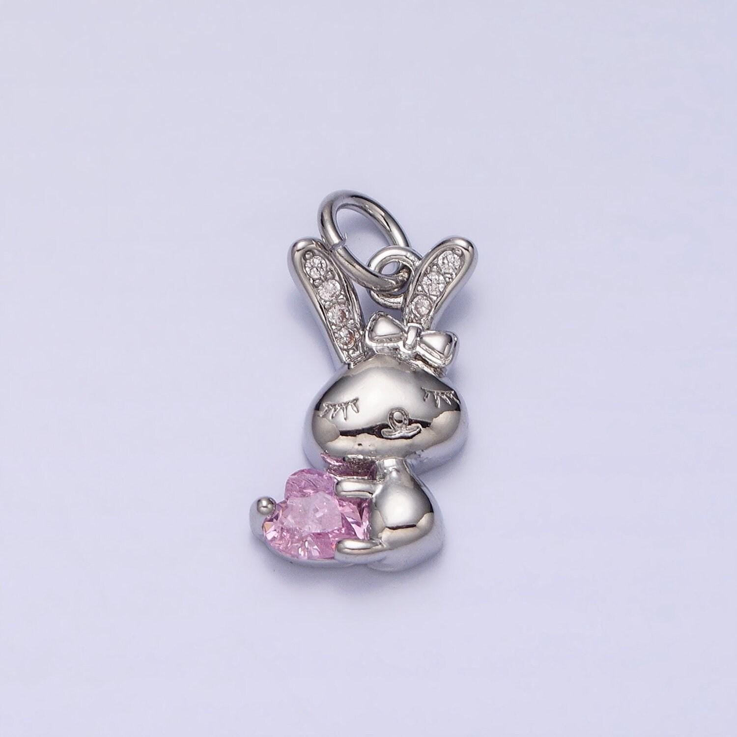 Mini gold rabbit pendant charm with pink clear cz stones for bunny easter spring inspired kids jewelry handmade necklace bracelet ac1185