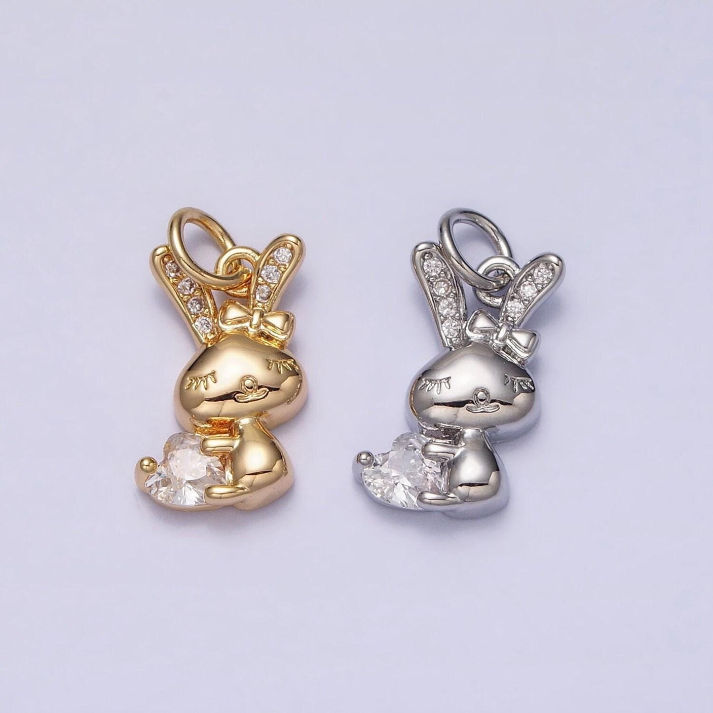 Mini gold rabbit pendant charm with pink clear cz stones for bunny easter spring inspired kids jewelry handmade necklace bracelet ac1185