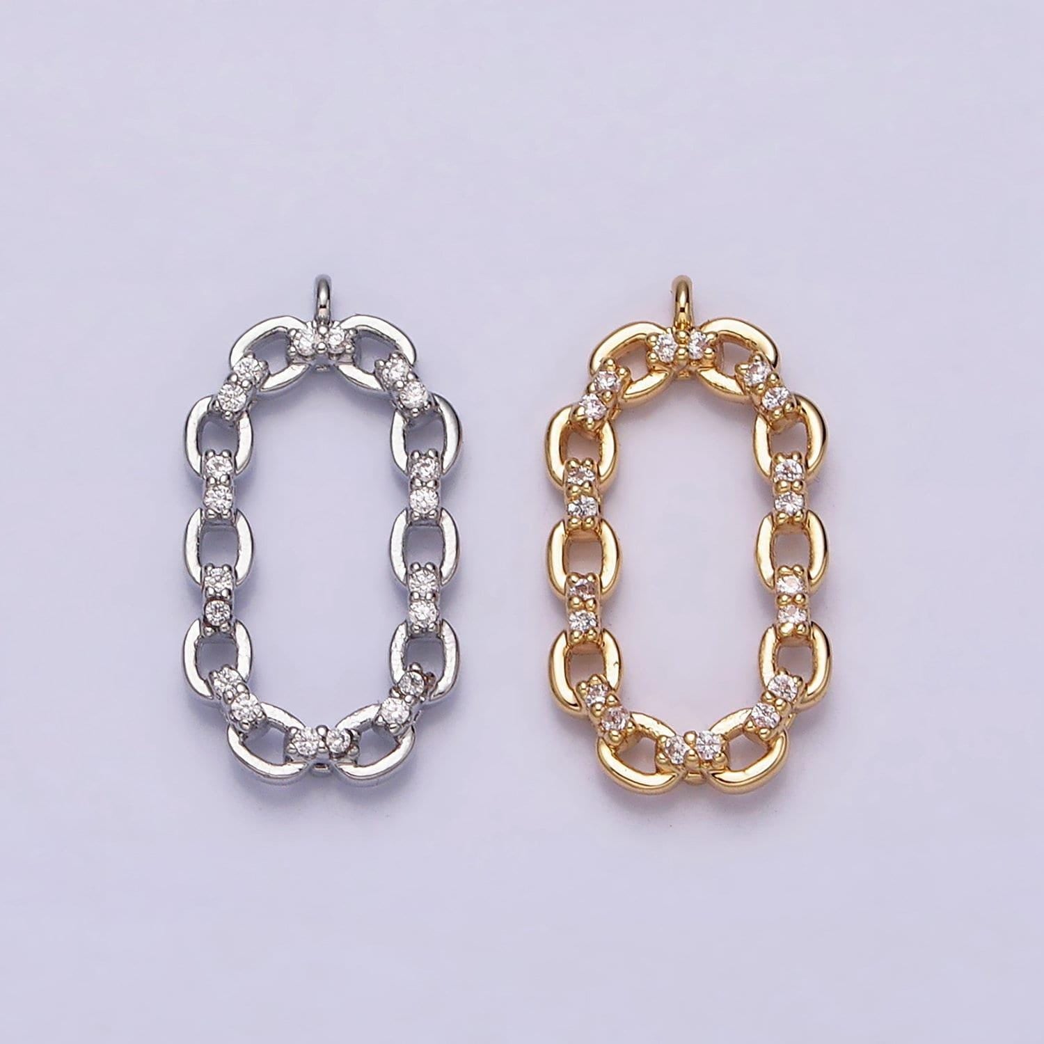 16k gold filled micro paved cz open oval cable link charm in gold & silver | ac1179 ac1180