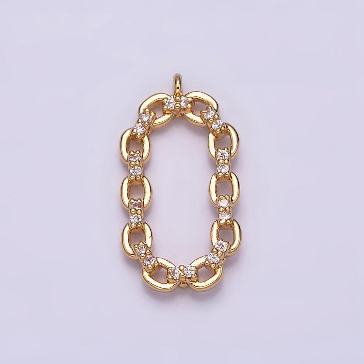 16k gold filled micro paved cz open oval cable link charm in gold & silver | ac1179 ac1180