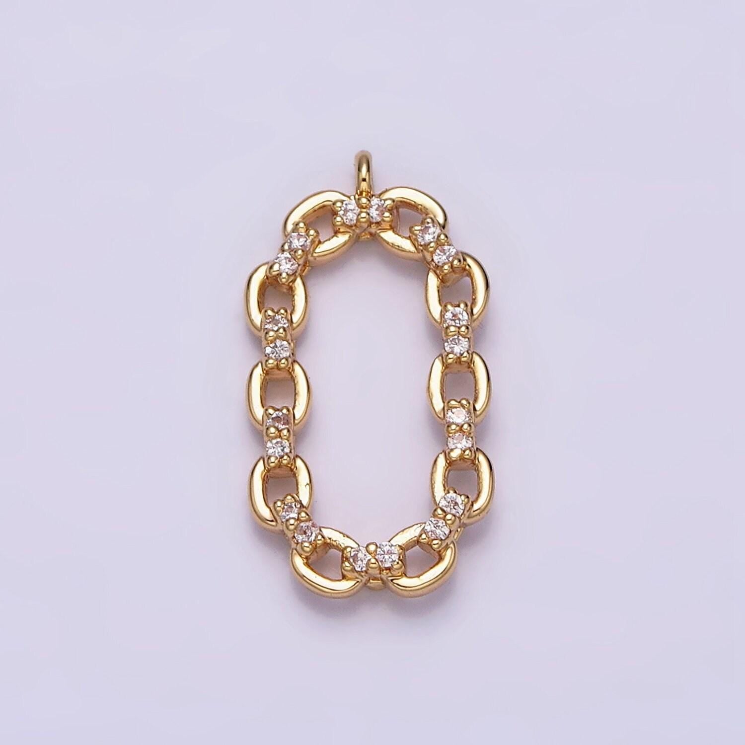 16k gold filled micro paved cz open oval cable link charm in gold & silver | ac1179 ac1180