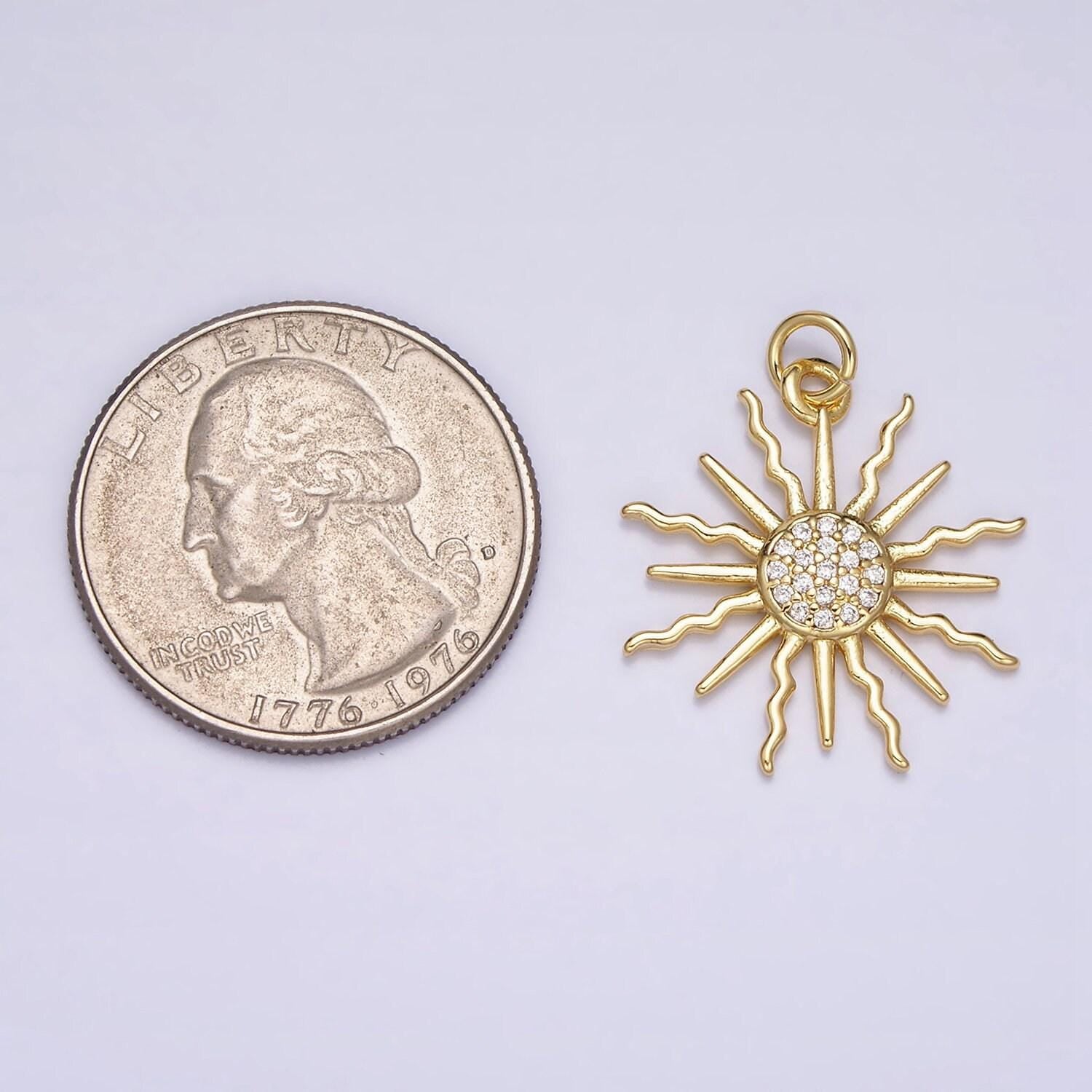 Sunburst round gold coin charm gold sun ray radiance size 22.4 mm pendant celestial charm ac1175
