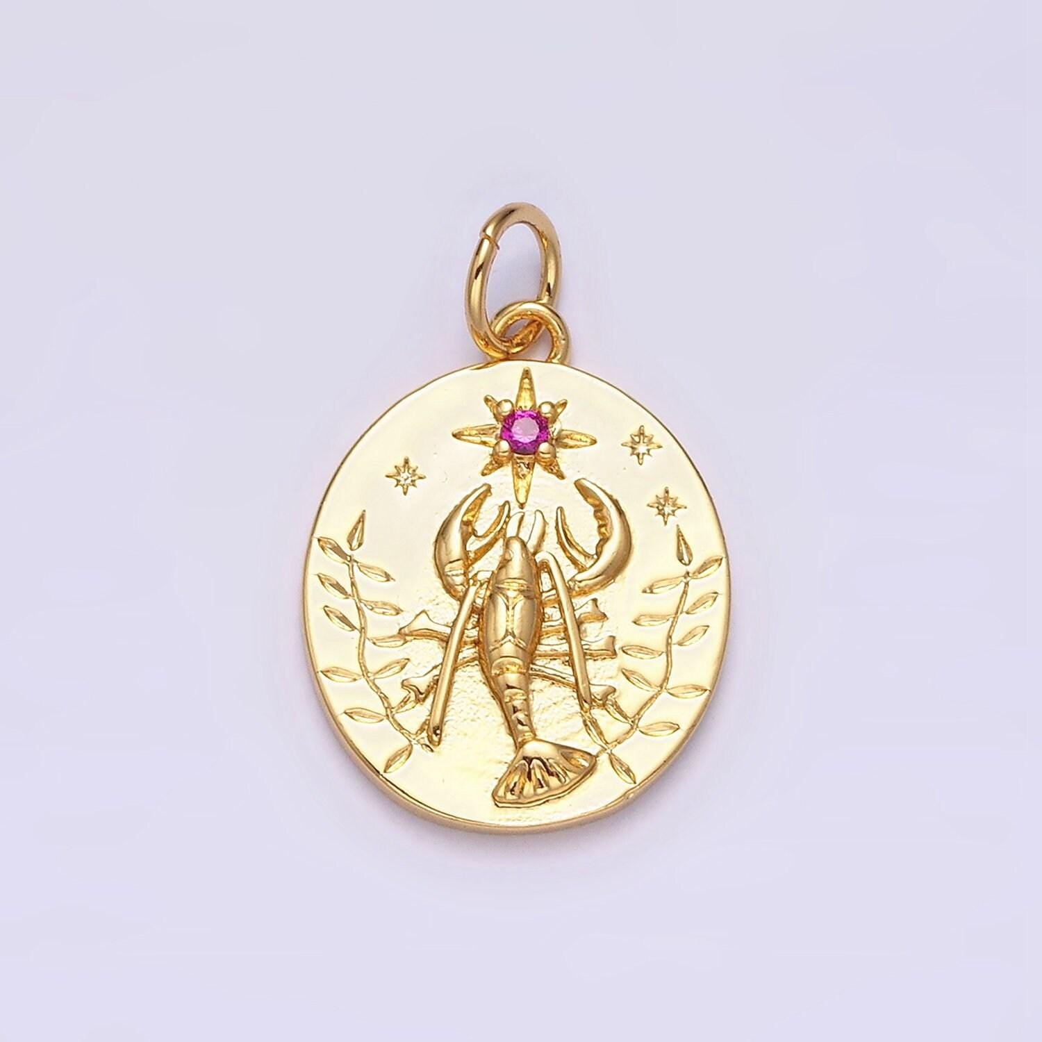 Dainty gold lobster pendant, coin medallion cubic zirconia cz sea life animals charm sea pendant | ac-1155