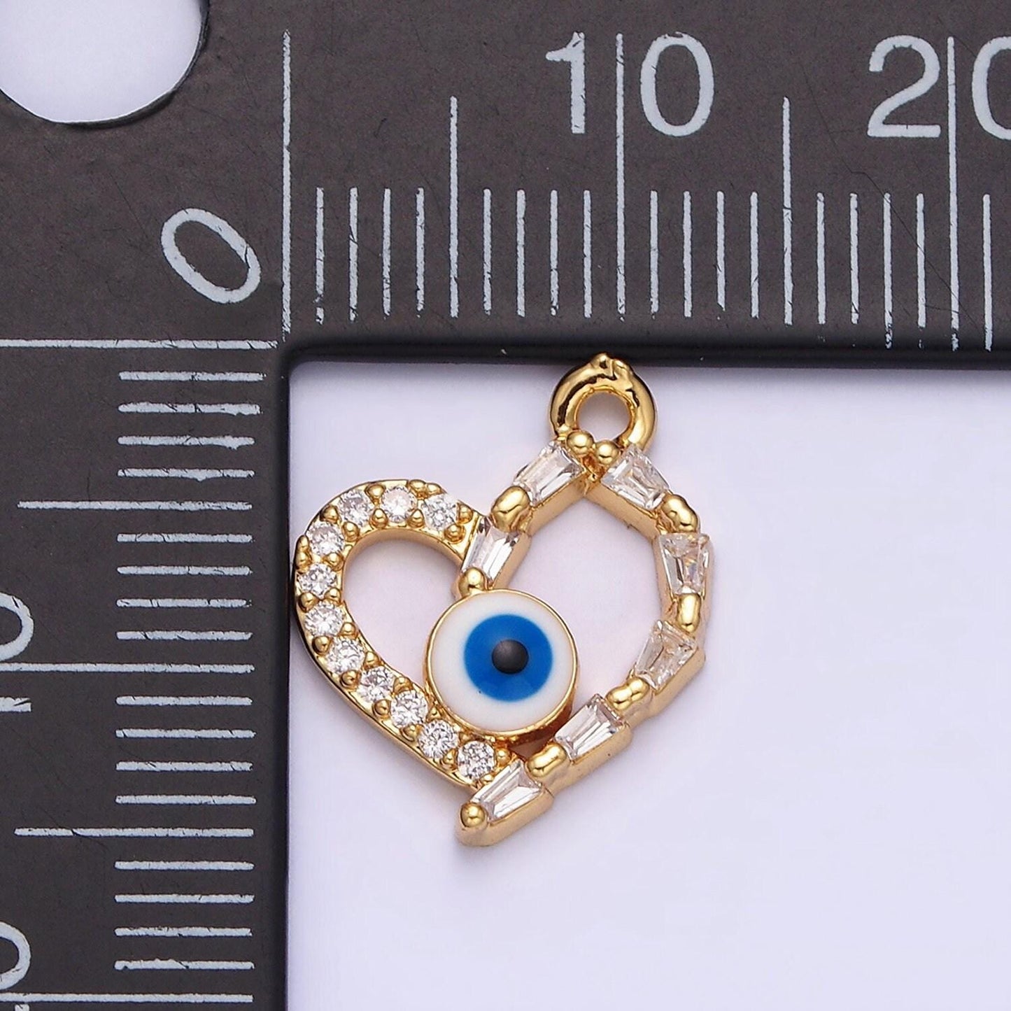 16k gold filled evil eye enamel micro paved baguette cz open heart charm | ac1137