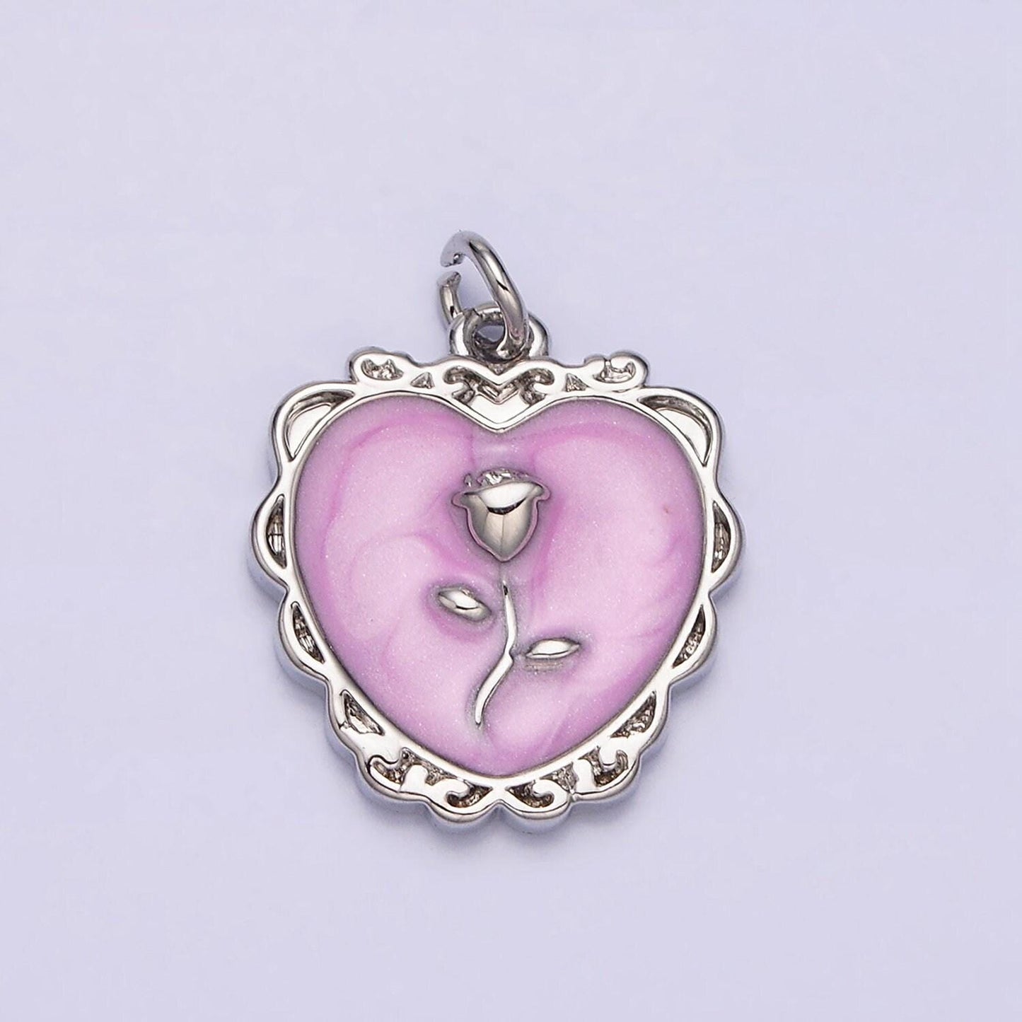 Gold enamel heart charm, heart with rose medallion charm silver love charm, enamel charms, gold plated findings, gd024