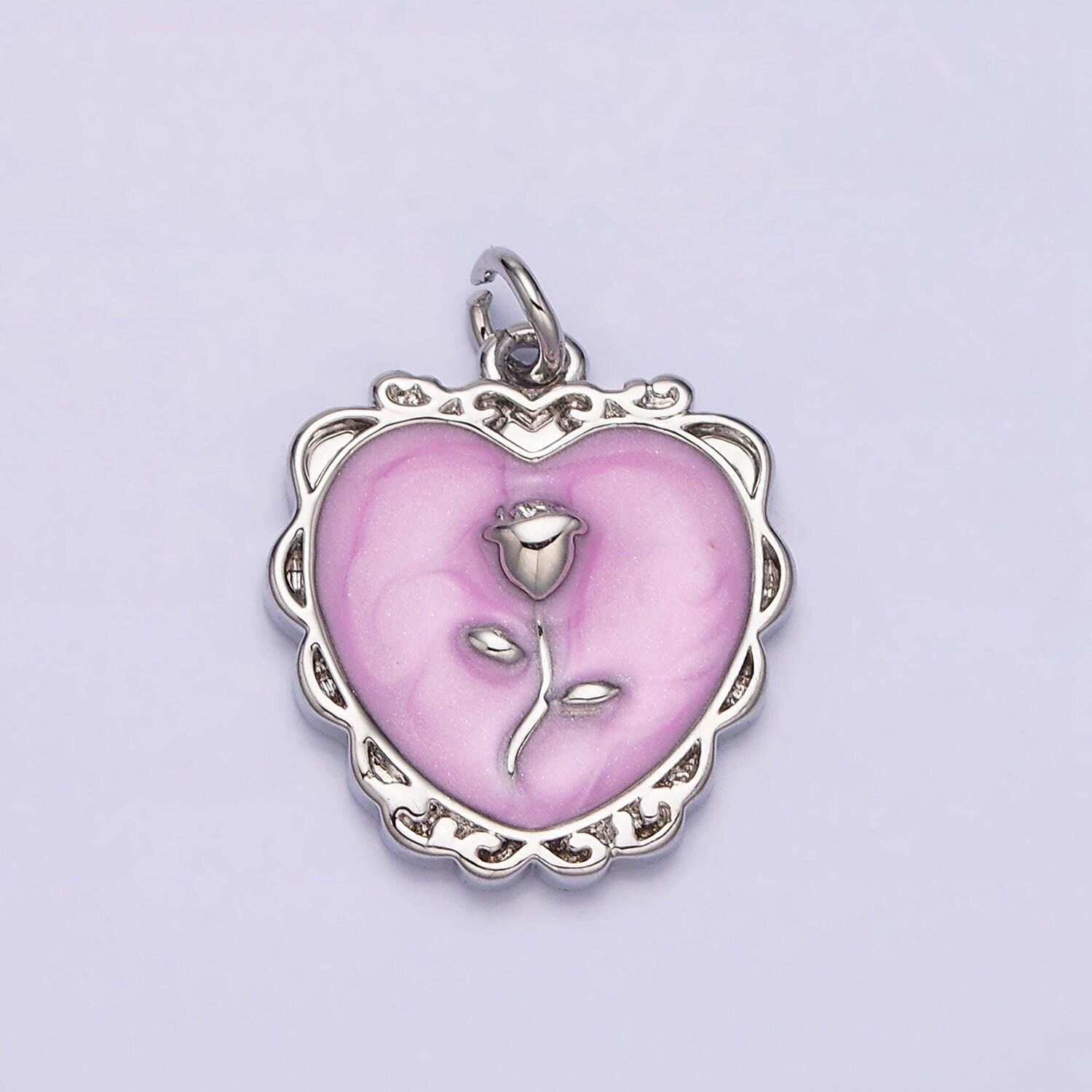 Gold enamel heart charm, heart with rose medallion charm silver love charm, enamel charms, gold plated findings, gd024