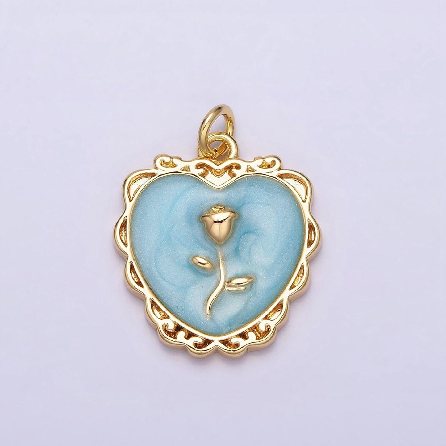 Gold enamel heart charm, heart with rose medallion charm silver love charm, enamel charms, gold plated findings, gd024