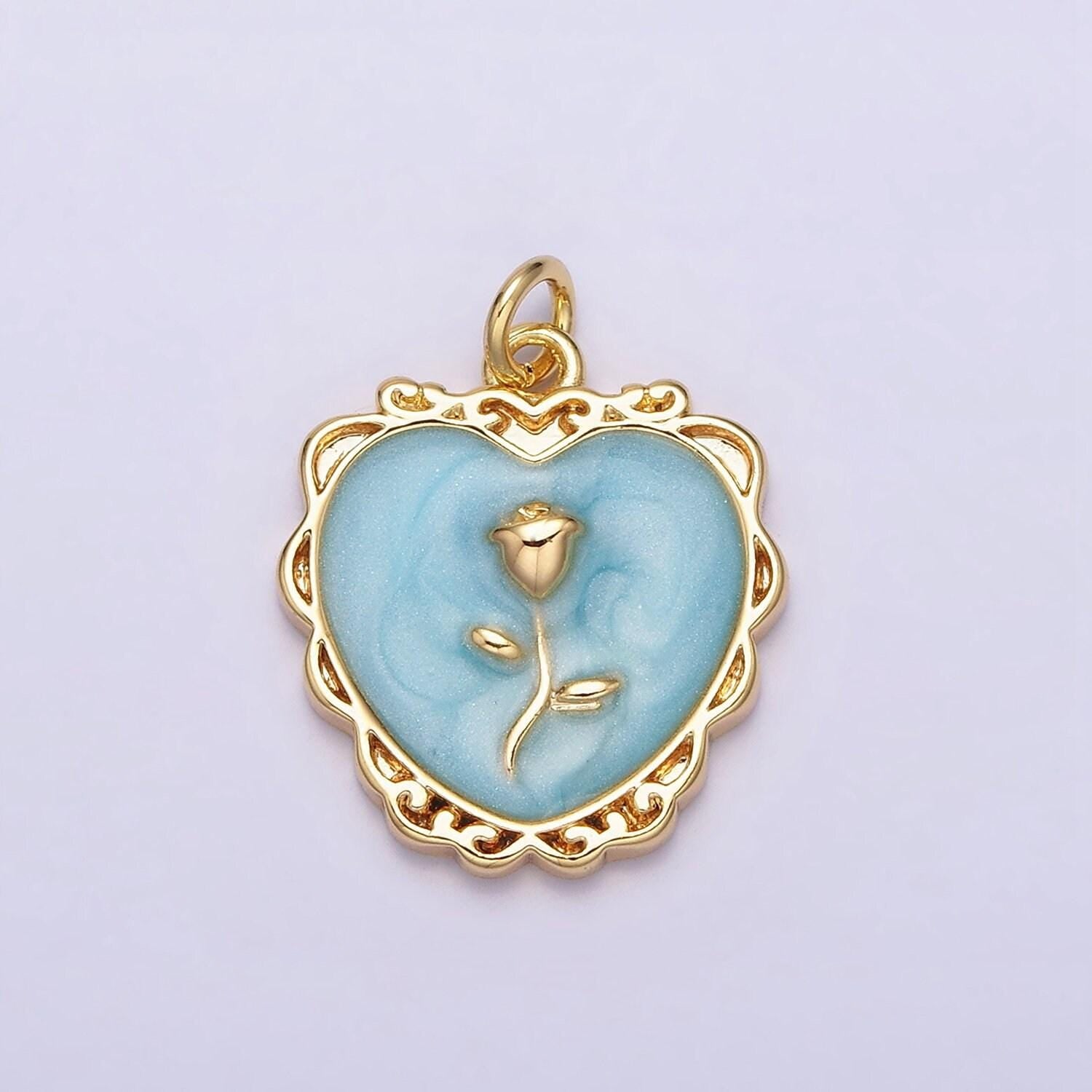 Gold enamel heart charm, heart with rose medallion charm silver love charm, enamel charms, gold plated findings, gd024