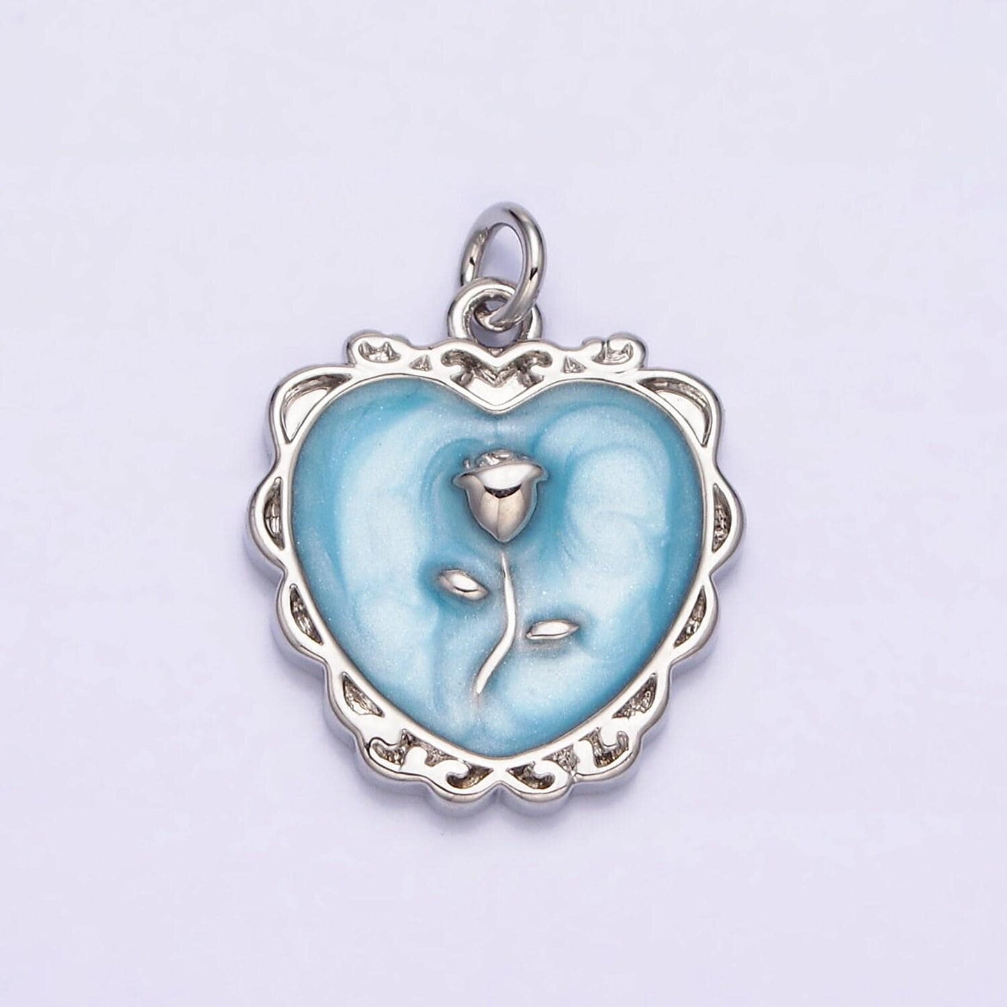 Gold enamel heart charm, heart with rose medallion charm silver love charm, enamel charms, gold plated findings, gd024