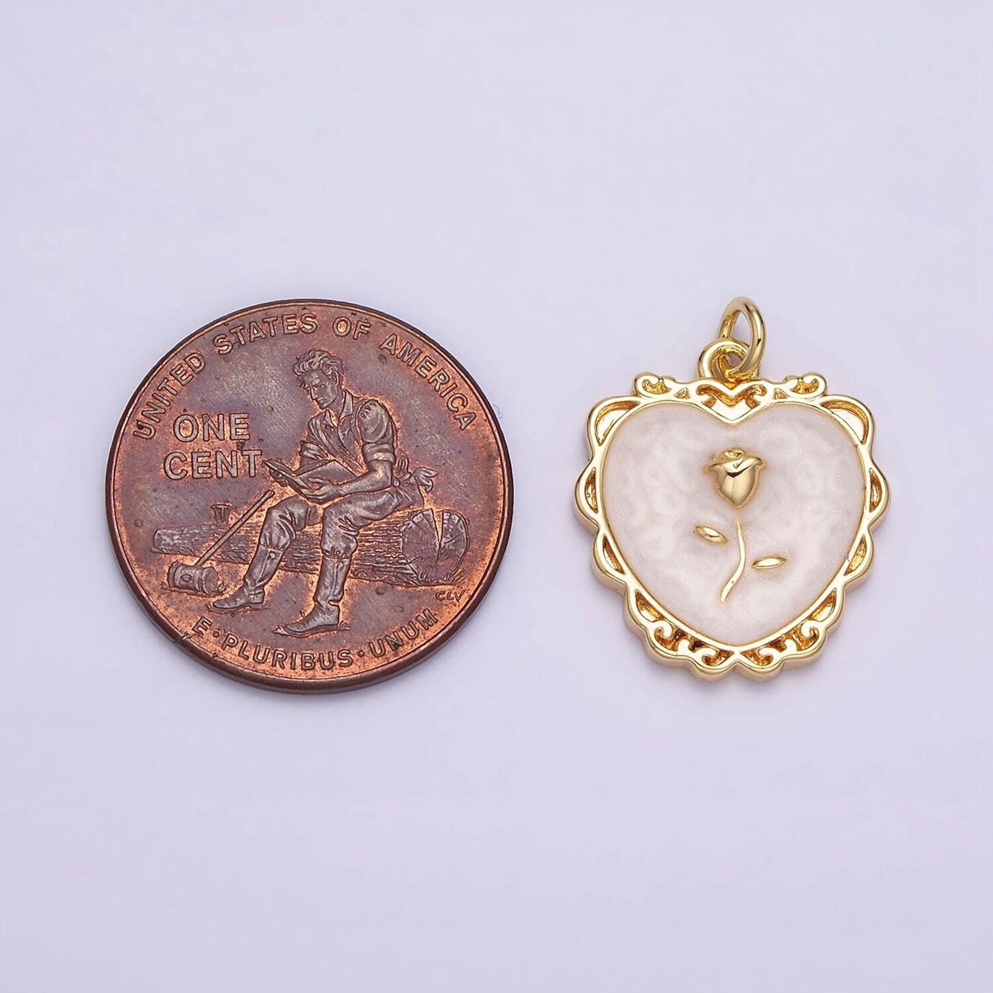 Gold enamel heart charm, heart with rose medallion charm silver love charm, enamel charms, gold plated findings, gd024