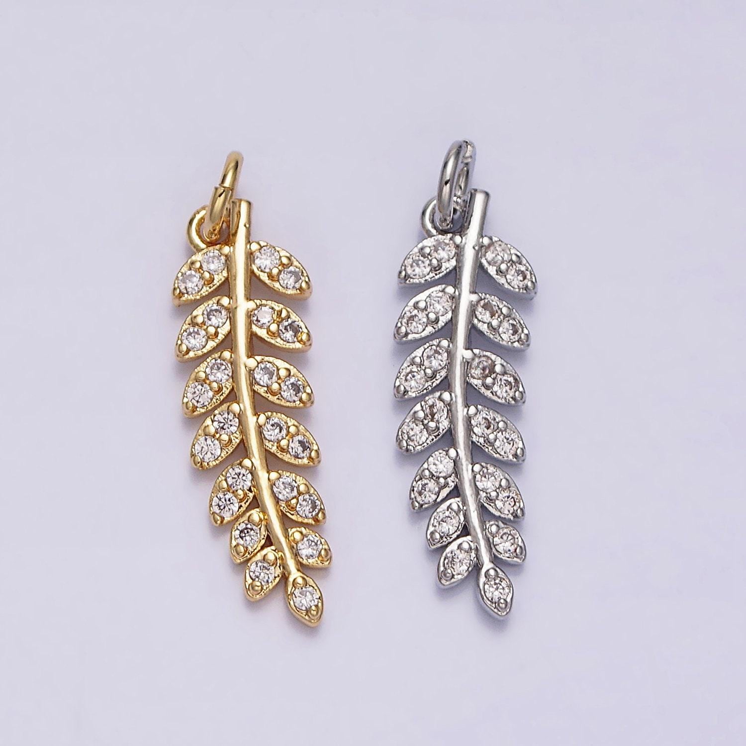 16k gold filled long leaf palm olive micro paved cz charm in gold & silver | ac1079 ac1080