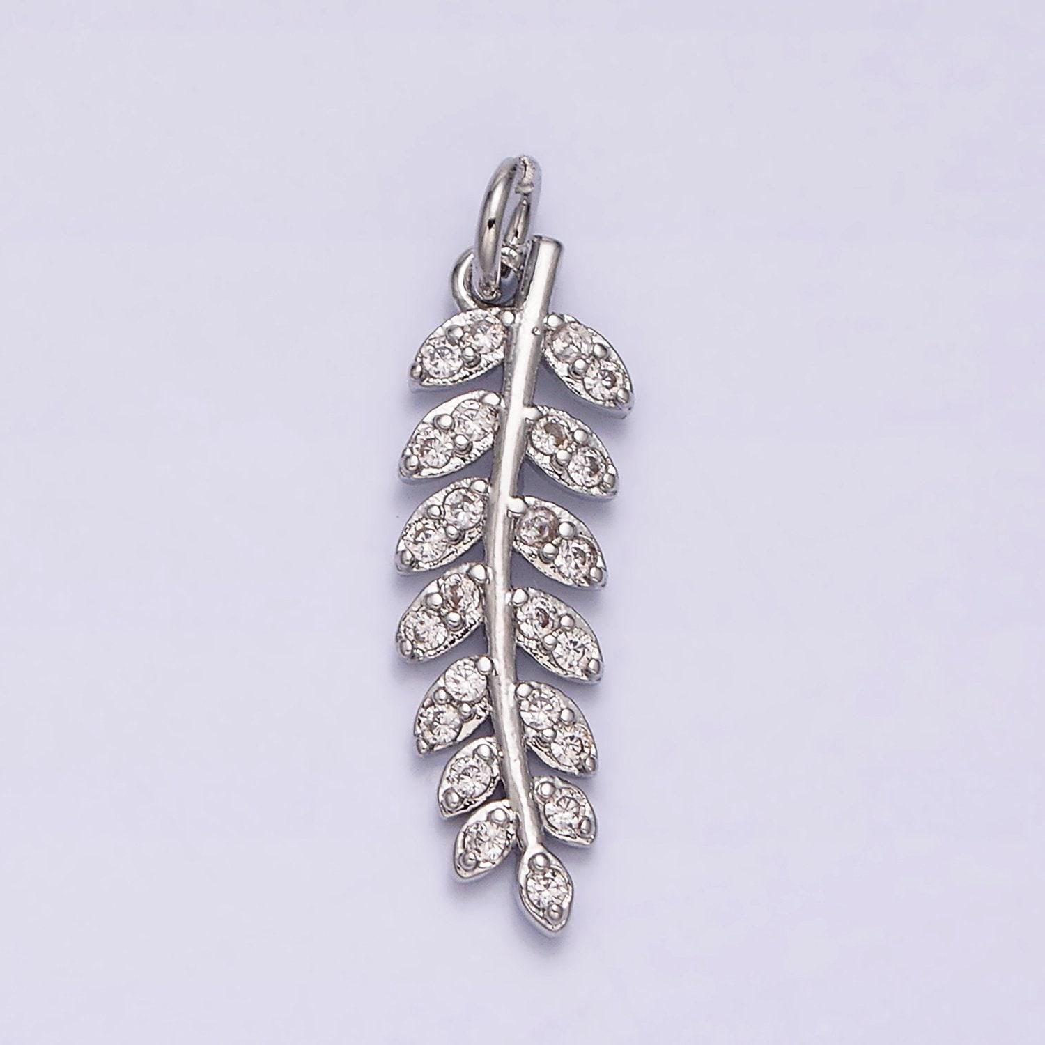 16k gold filled long leaf palm olive micro paved cz charm in gold & silver | ac1079 ac1080