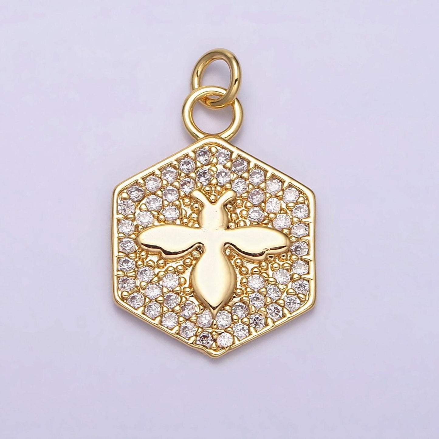 Mini gold filled bee charm necklace bracelet earring supply micro pave cz queen bee hexagon charm ac1065