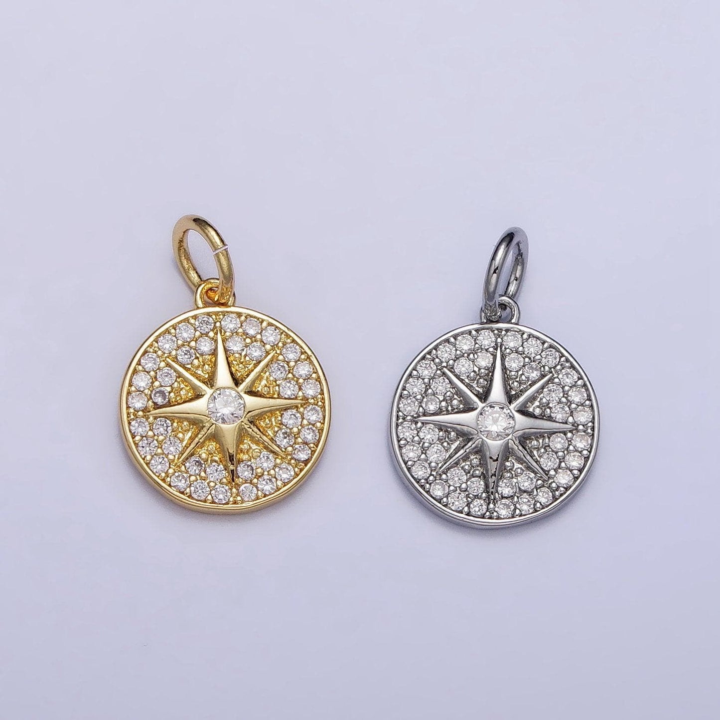 18k gold filled north star round micro pave cz charm in gold & silver | ac1003 ac1004