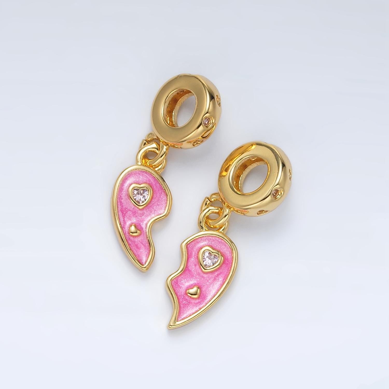 24k gold filled pink 2pc heart cz, enamel heart, rondelle bail drop pendant | ac-100