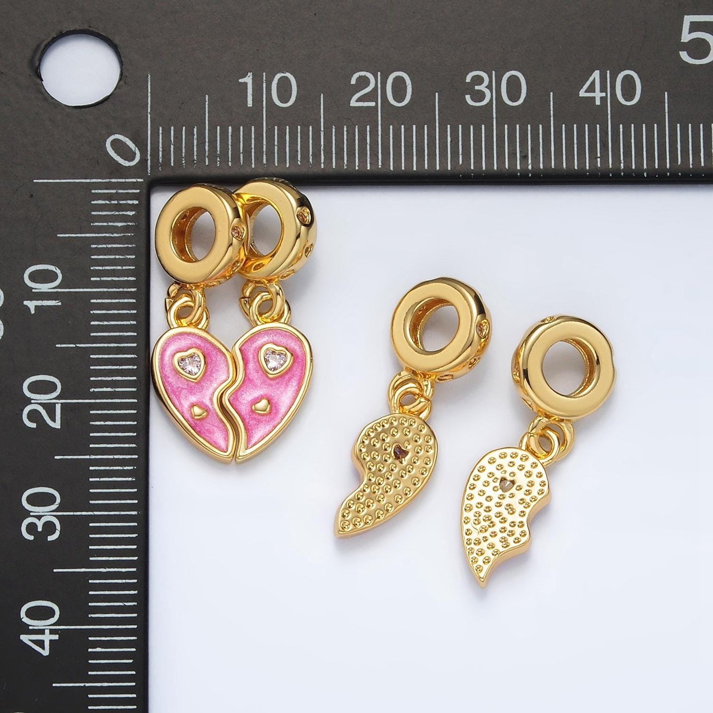 24k gold filled pink 2pc heart cz, enamel heart, rondelle bail drop pendant | ac-100