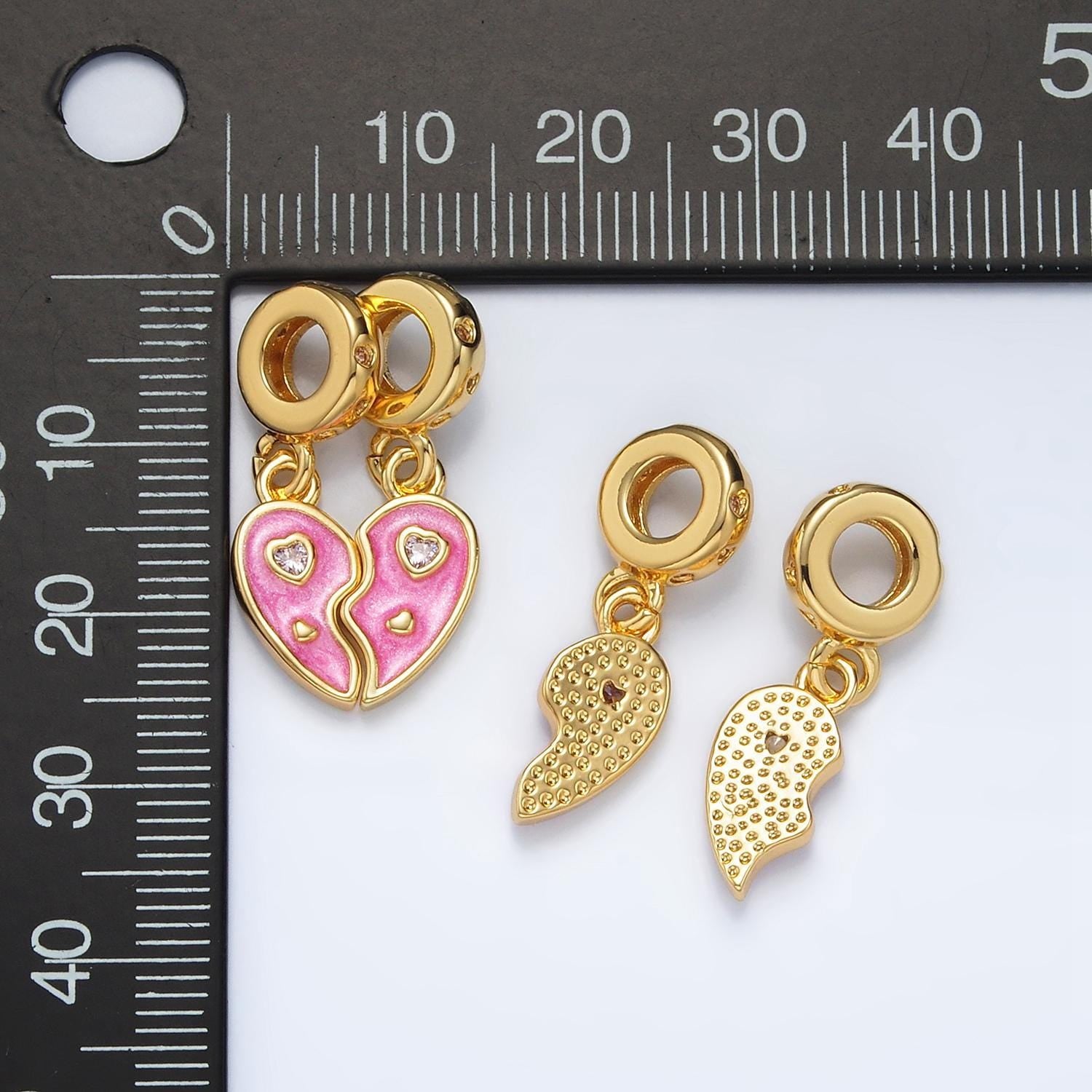 24k gold filled pink 2pc heart cz, enamel heart, rondelle bail drop pendant | ac-100