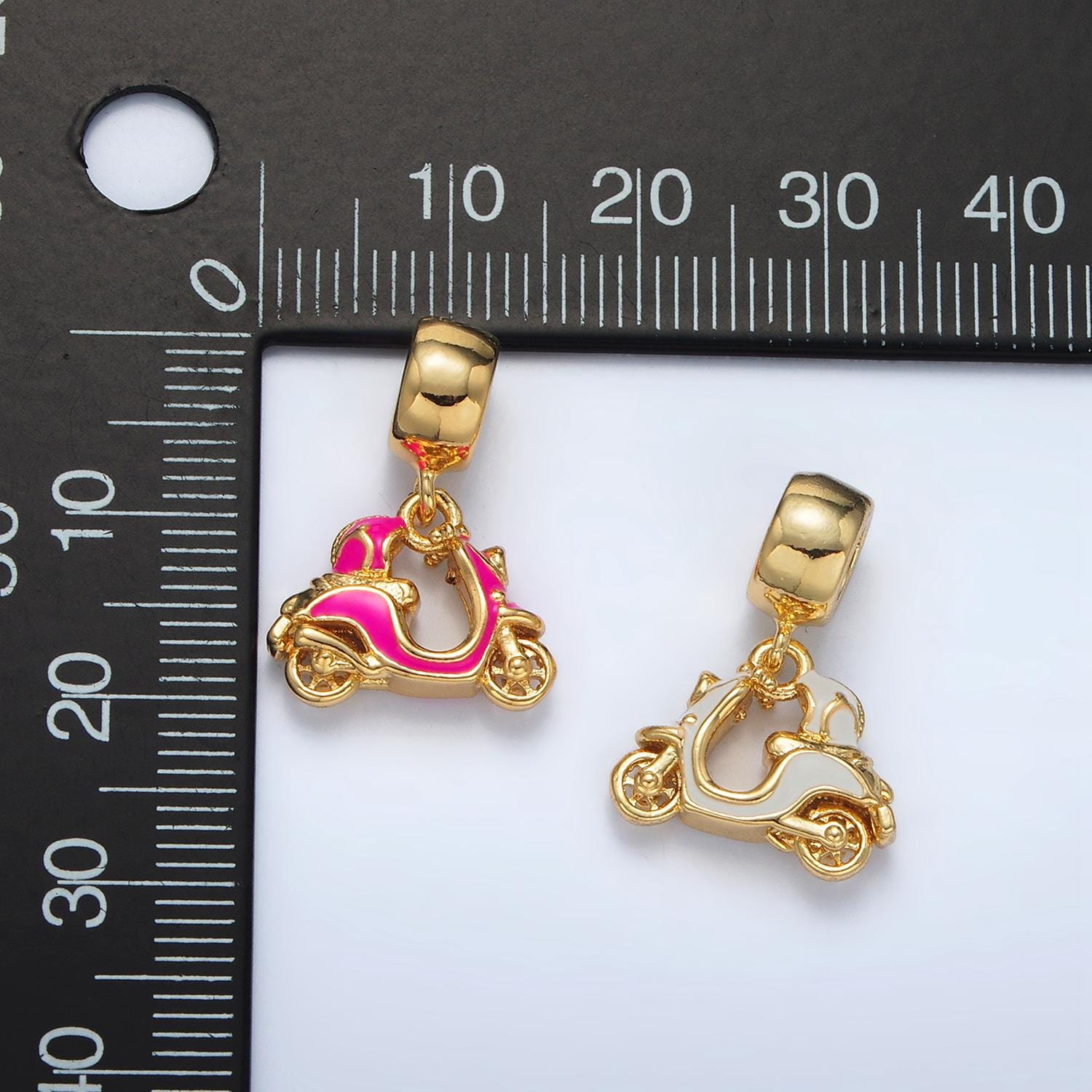 24 gold filled pink & white enamel scooter vehicle rondelle bail drop pendant | ac-095