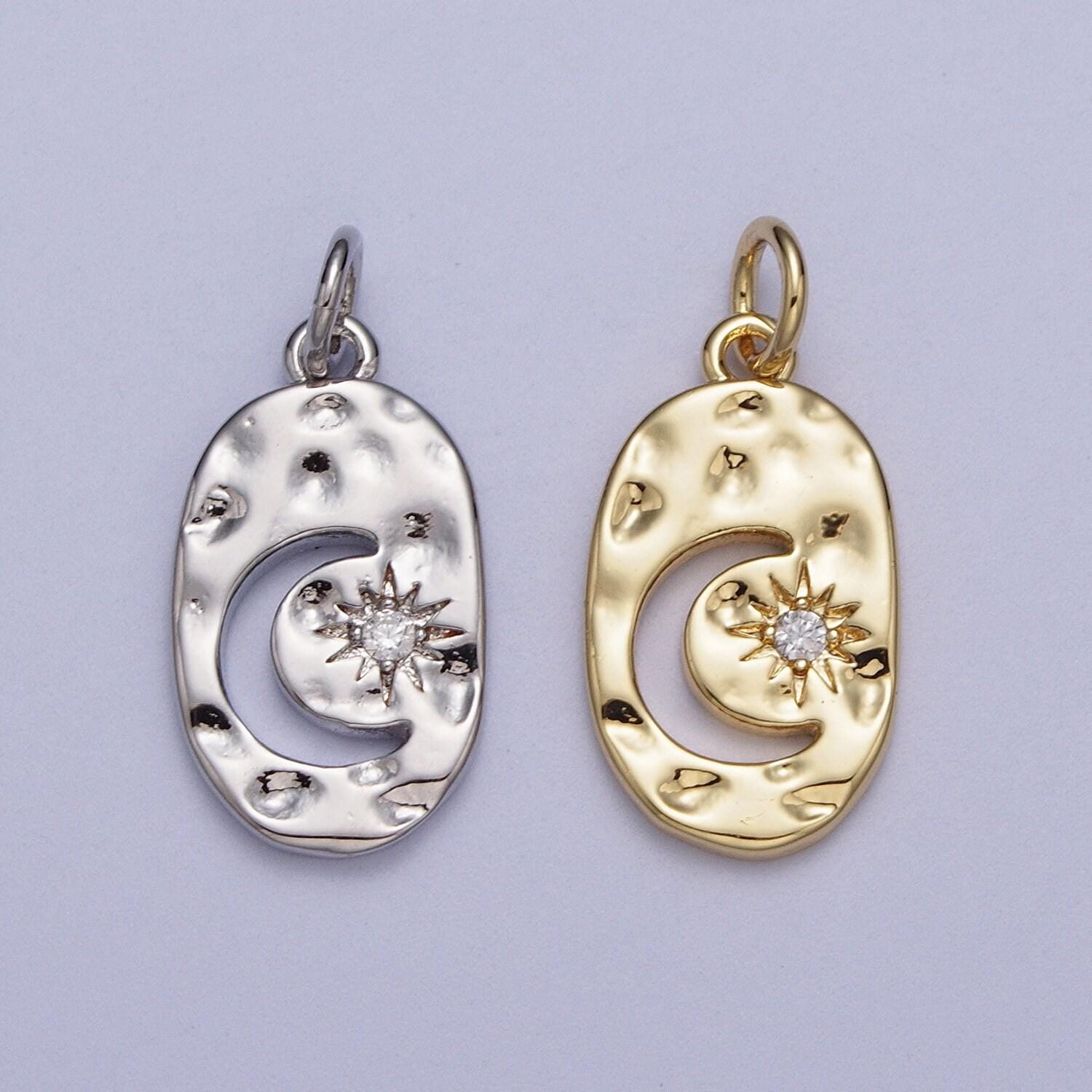 Dainty gold celestial crescent moon cz star hammered oval charm silver rustic charm for necklace bracelet earring ac058