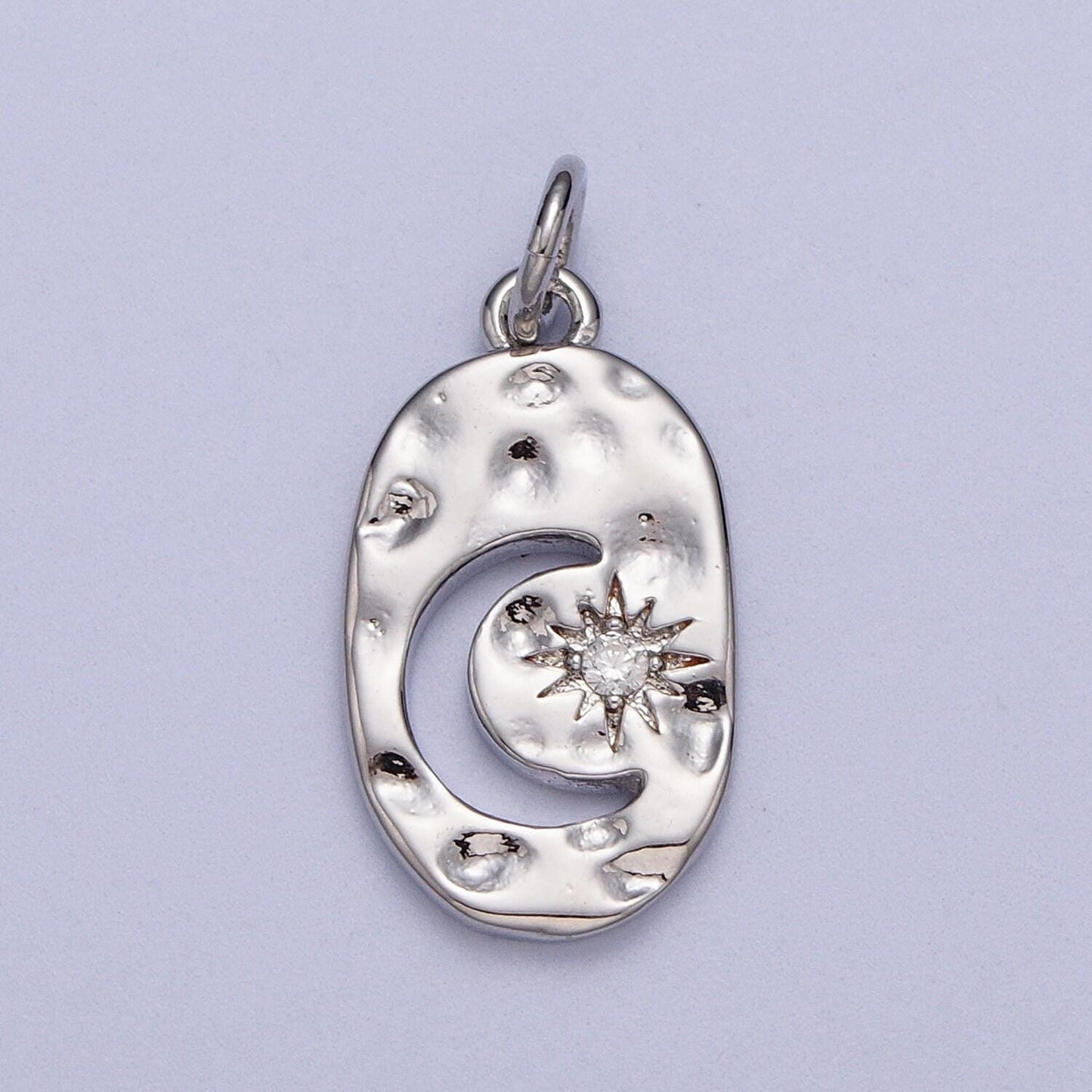 Dainty gold celestial crescent moon cz star hammered oval charm silver rustic charm for necklace bracelet earring ac058