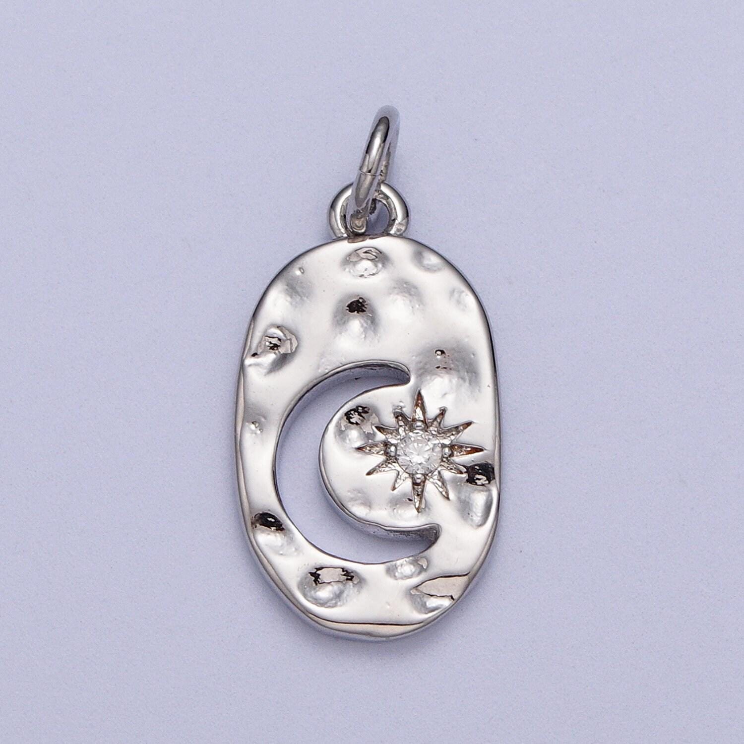 Dainty gold celestial crescent moon cz star hammered oval charm silver rustic charm for necklace bracelet earring ac058