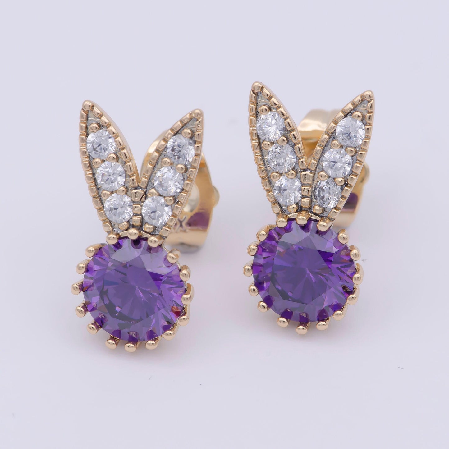 18k gold filled crystal diamond dainty bunny stud earring, minimalistic cubic stud, rabbit ear stud pink purple green cz stone