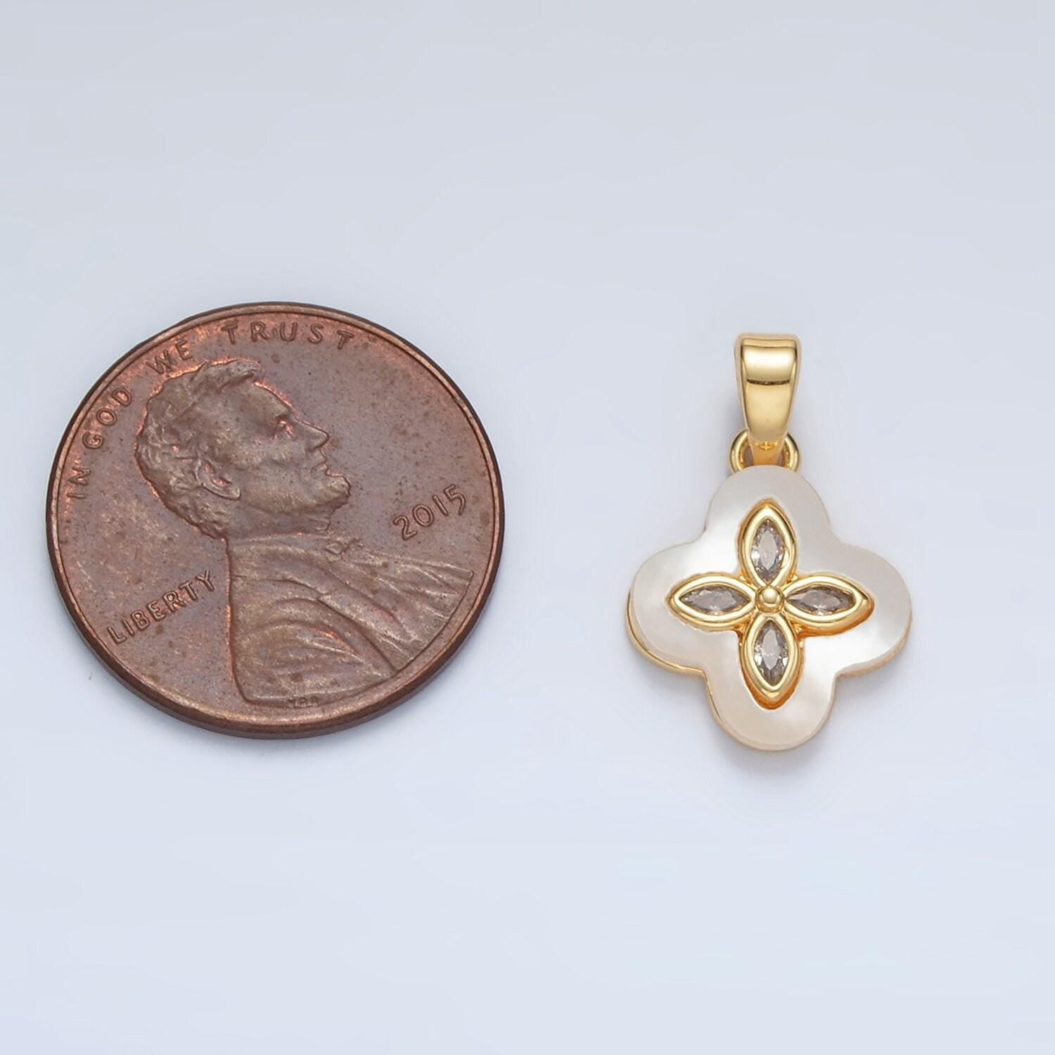 24k gold filled sphere cz shell pearl four leaf clover pendant in gold & silver | aa-1522