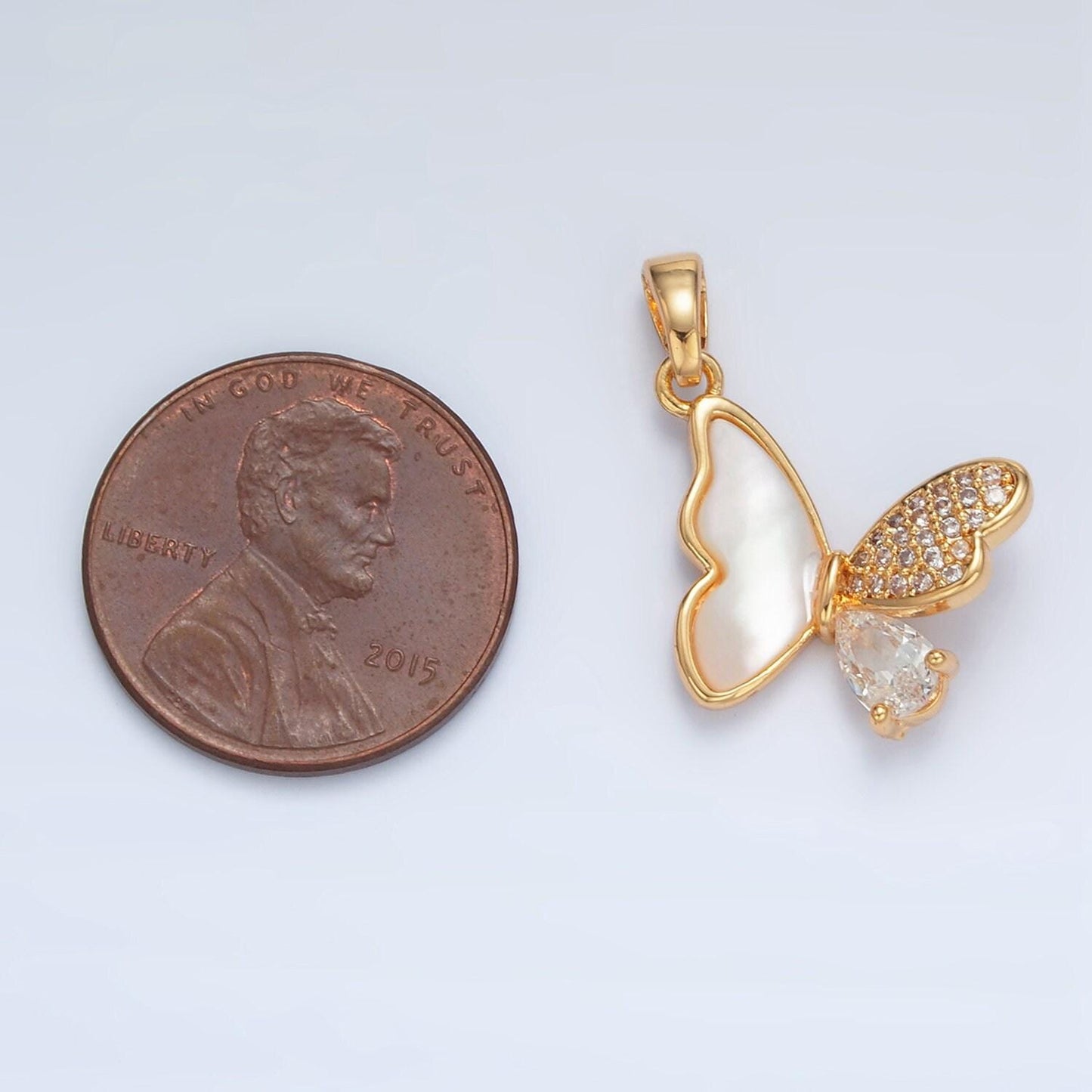 Gold filled butterfly half shell pearl and paved cz charm/pendant | aa-1518