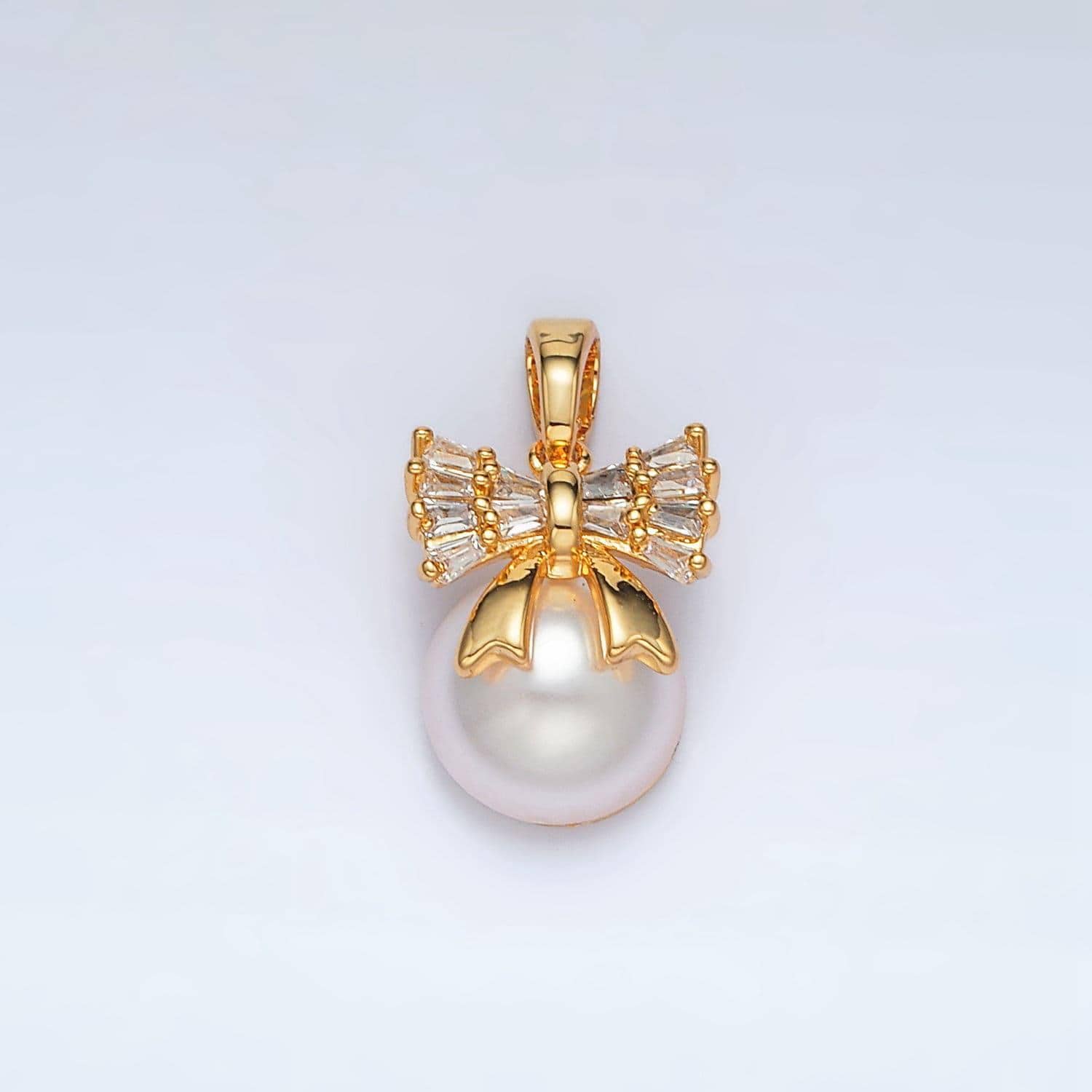 Mini gold baguette bow charm with faux pearl charm aa1408