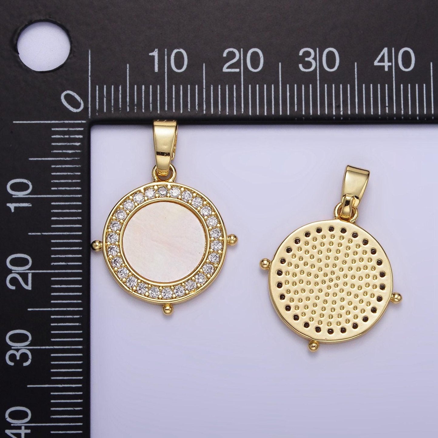 24k gold filled shell pearl micro paved cz round pendant | aa1340