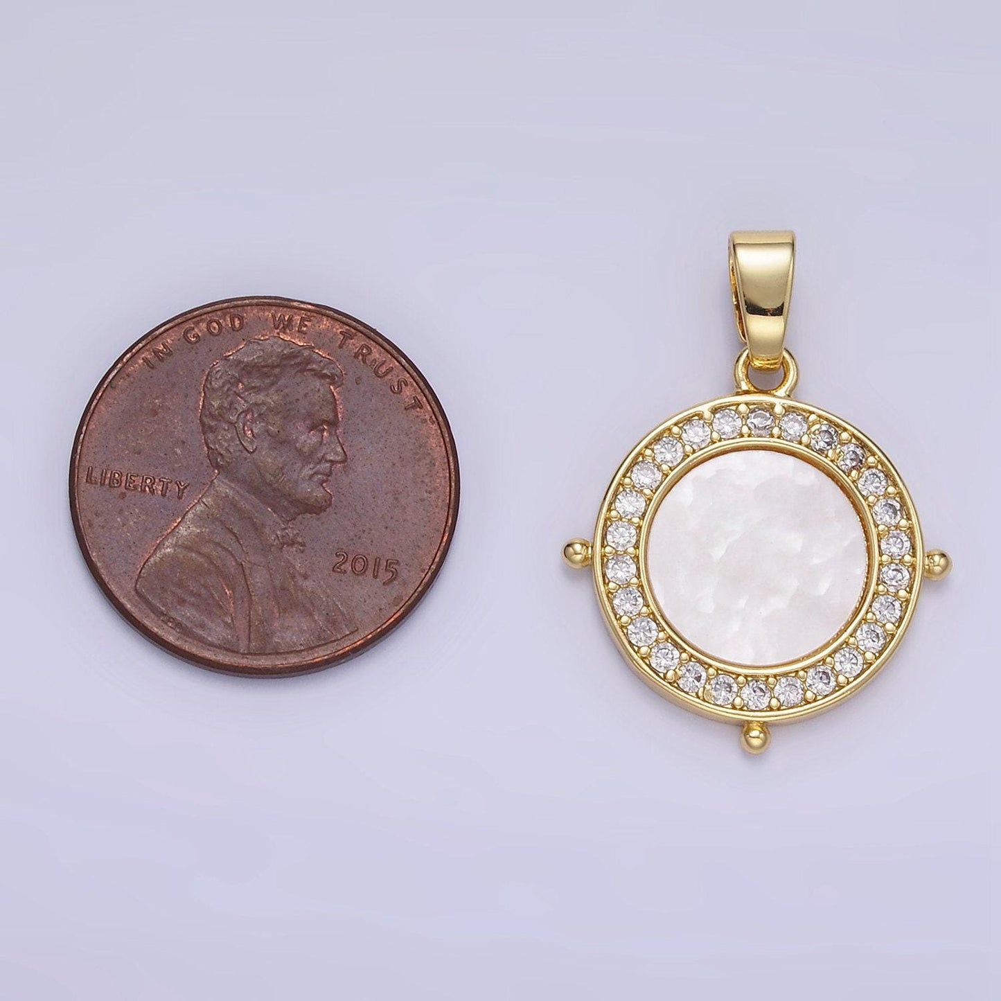 24k gold filled shell pearl micro paved cz round pendant | aa1340