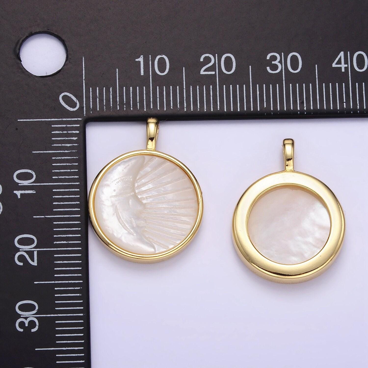 18k gold filled celestial moon face ray shell pearl bezel round pendant necklace charm | aa1332