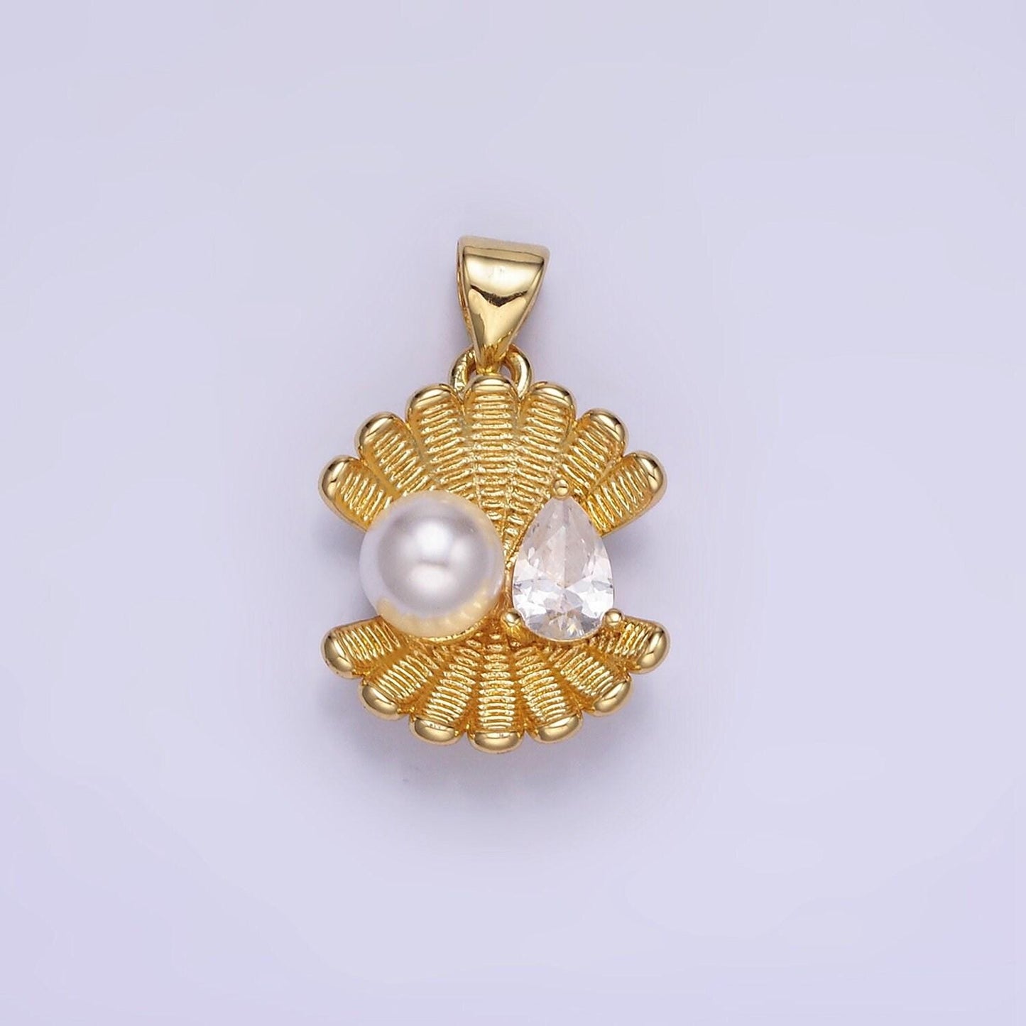 14k gold filled 14mm sea shell line-textured add-on charm with faux pearl and clear cz | aa1313