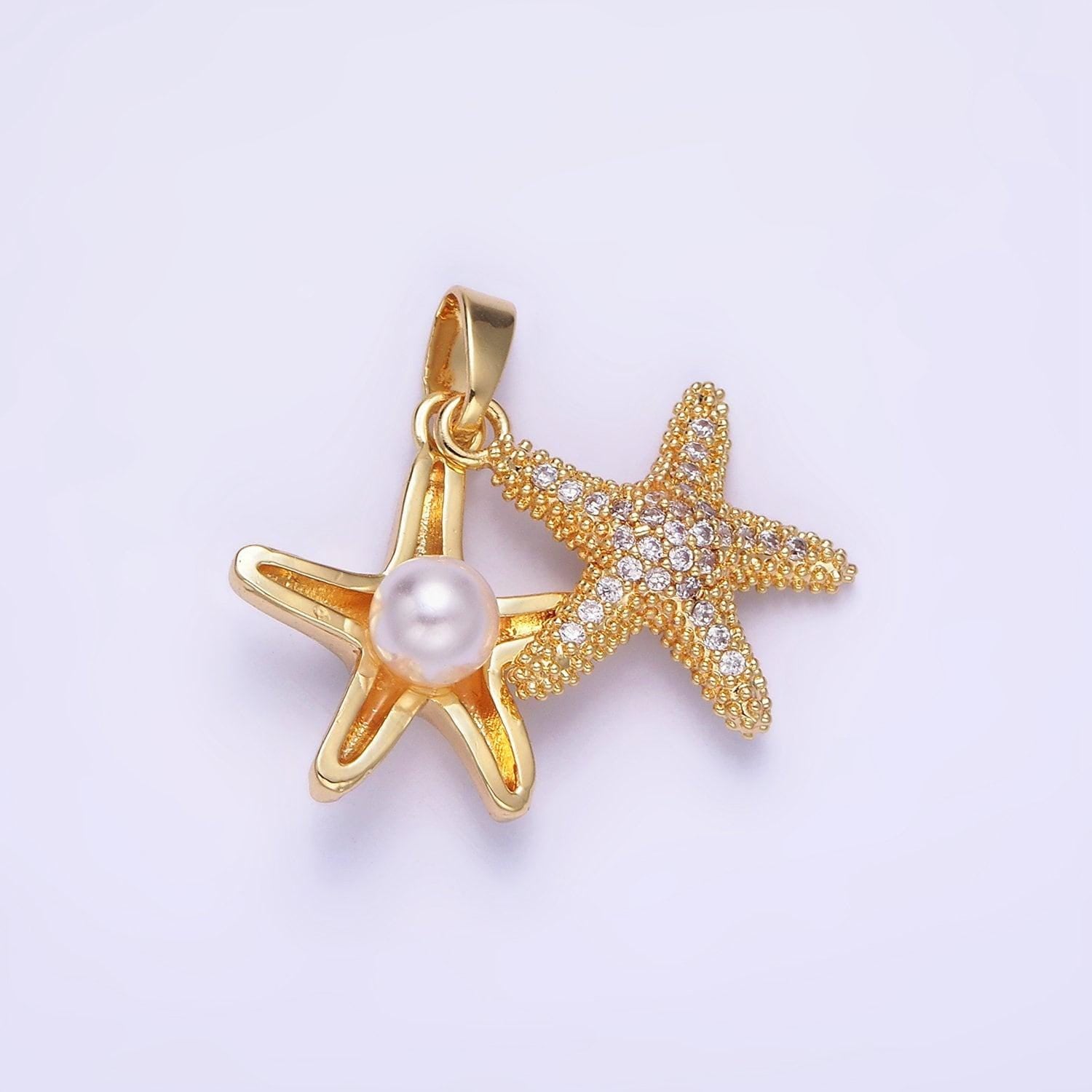 14k gold filled double starfish sea animal pearl micro paved cz pendant | aa 1170